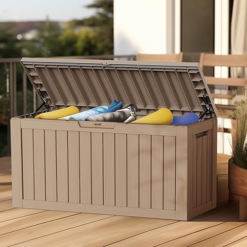 Miniatura 6 de Caja de almacenamiento para exteriores de 80 galones, muebles de patio, herramientas de jardín, cojines, accesorios de piscina, caja de resina con