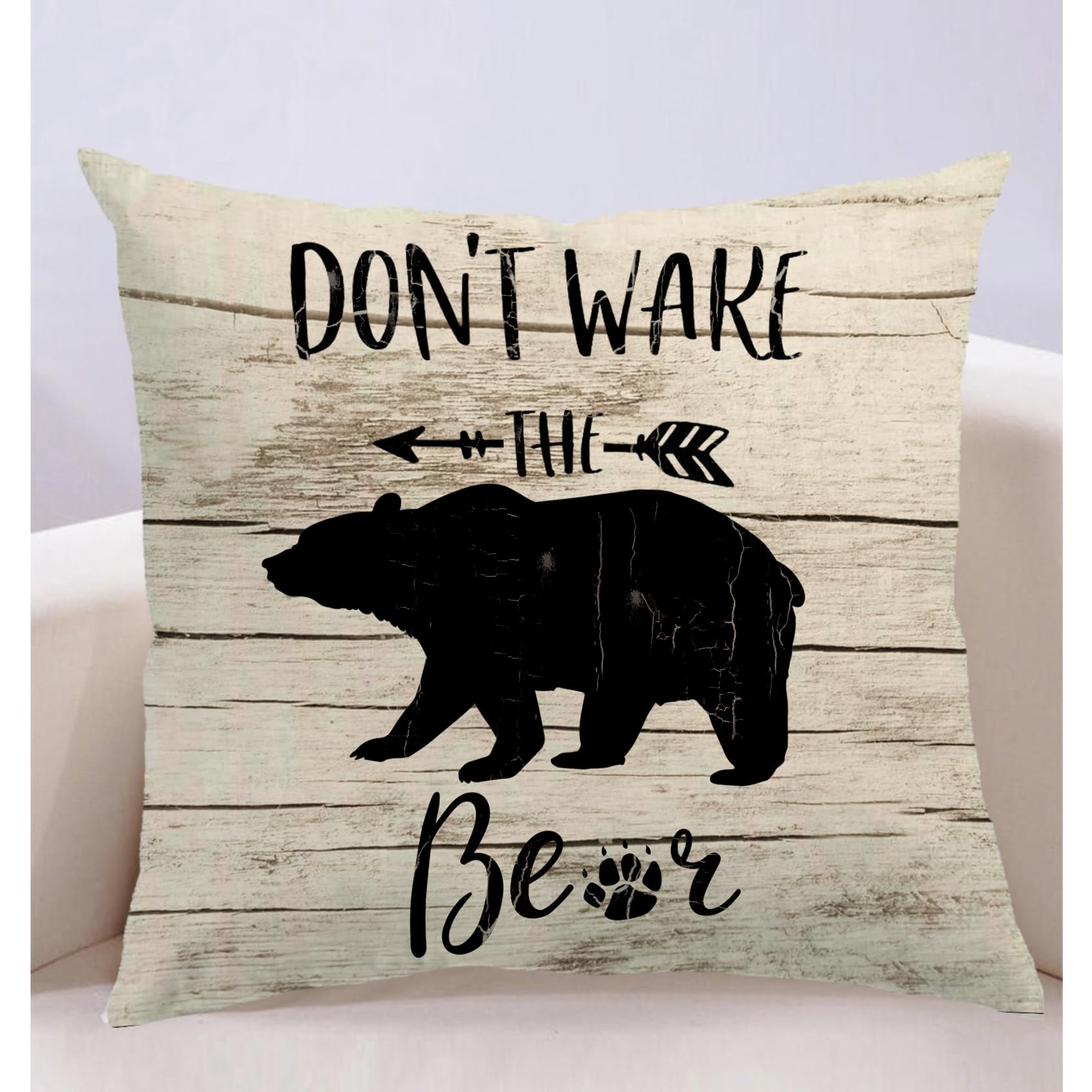 7COLORROOM 2Pack Bear Throw Pillow Cover Double-Sided Printed Don’t Wake The Bear Black Bear Wood Grain Background Cushion Covers Welcome to Our Cabin/Camper Decorative Pillowcases 18" x 18" 1