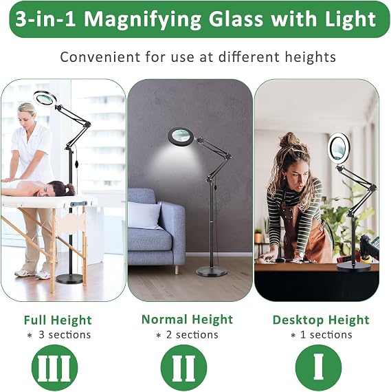 ZABOUL 8X 3-in-1 Large Floor Standing Magnifying Glass with Light | 100 LED Real Glass Magnifier Lamp,2 Color Modes,Adjustable Arm,Hands Free for Beauty Salon Hobby Close Work Craft Read [Energy Class F]