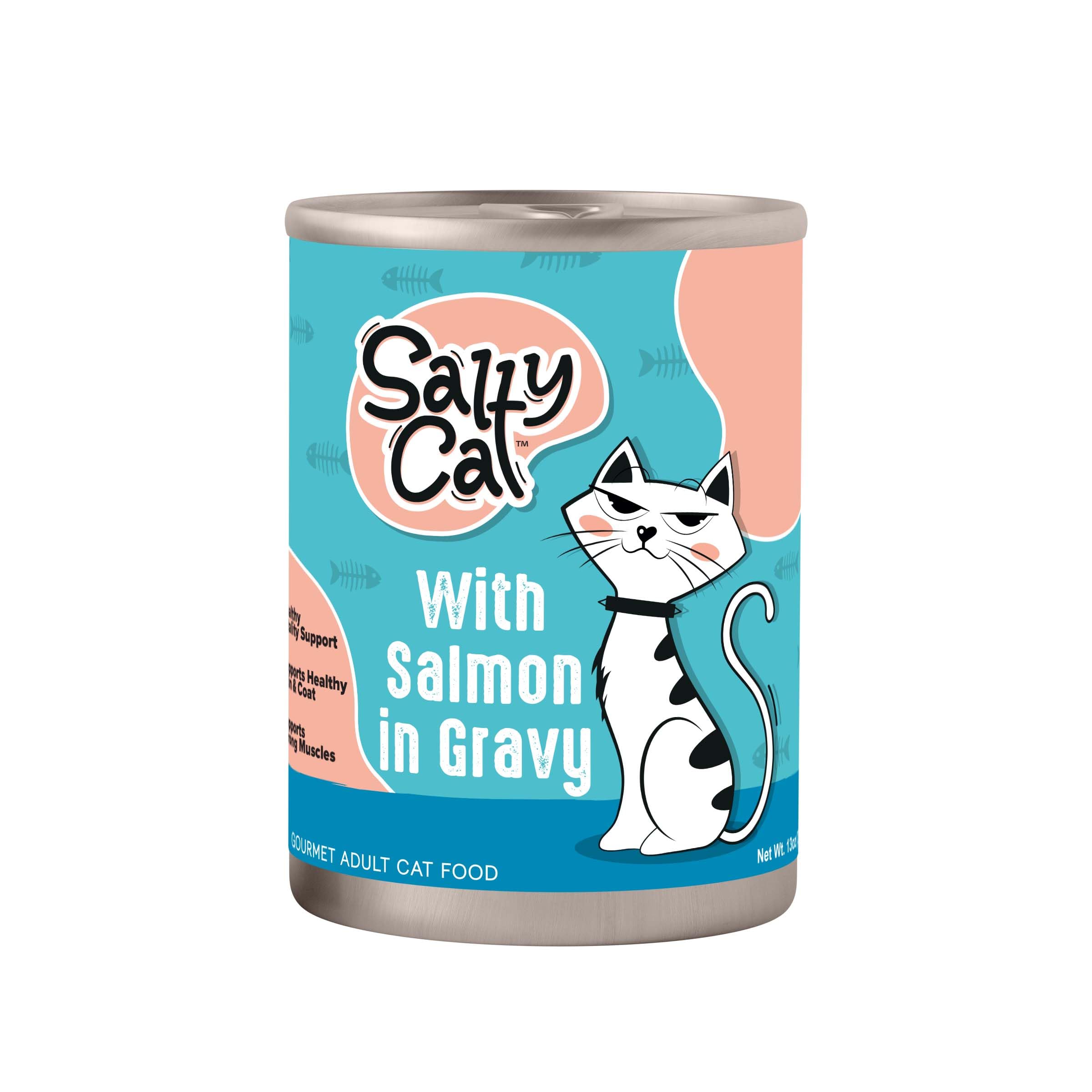 Salty Cat Wet Food for Cats With Salmon Cuts in Gravy Dinner - 12 Pack - Large Canned 13 oz - Vitamin Rich - Can Food in Gravy