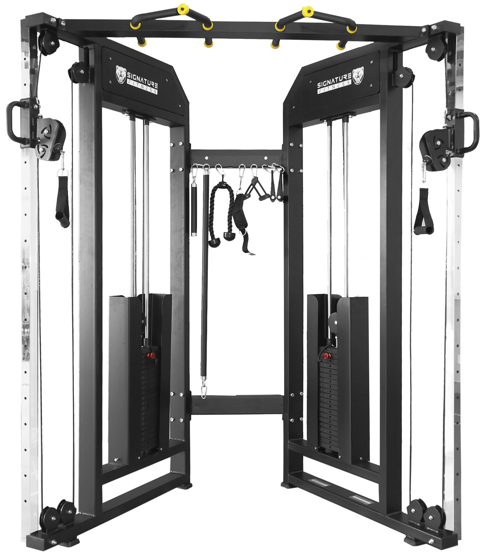 View 1 of Signature Fitness Fitvids Multi-Grip Functional Trainer Cable Machine – Dual Adjustable Pulley Machine with 200 lb Weight Stacks and Multiple Premium Handles – M980 – Black