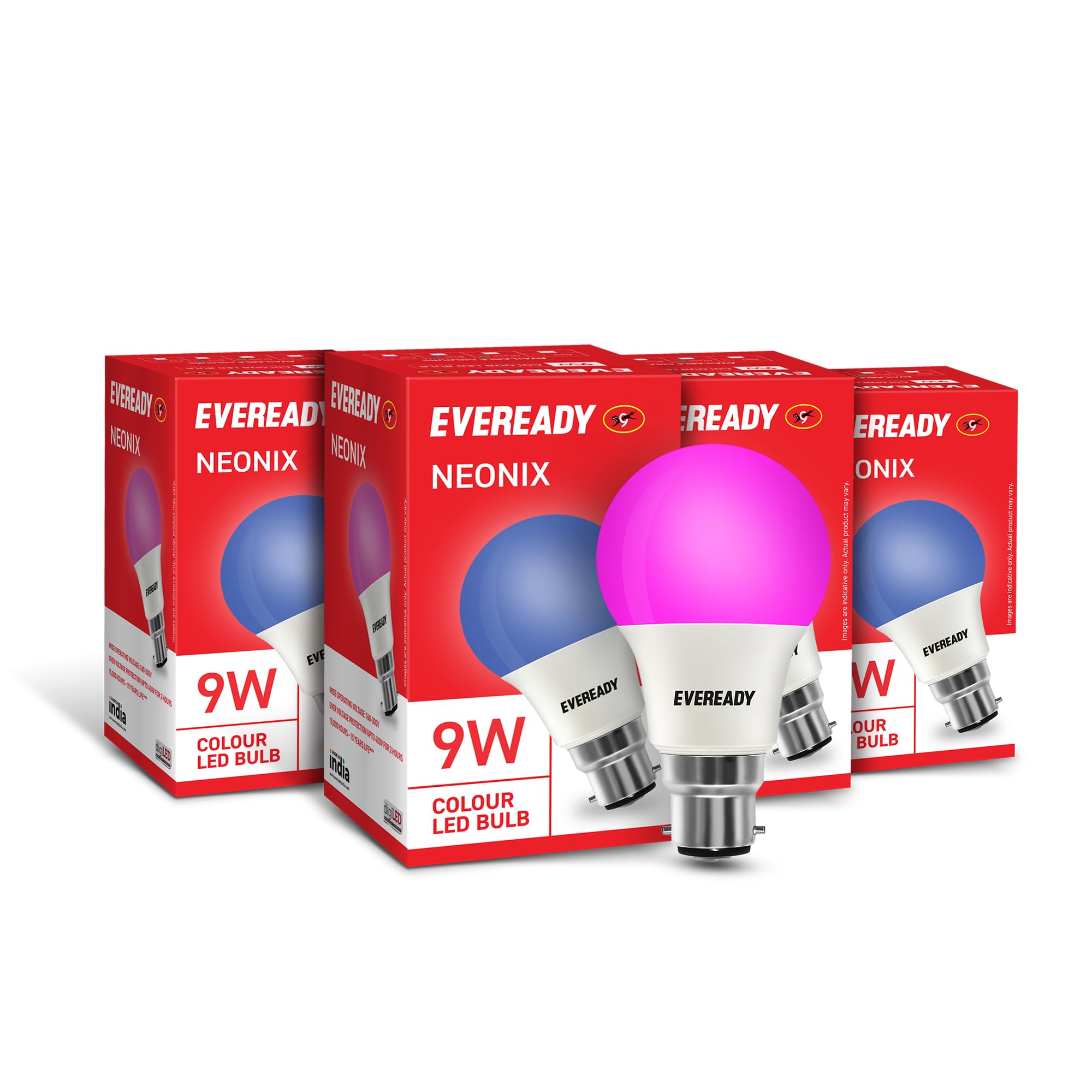 Eveready Neonix 9W Color LED Bulb, B22 Base, Pink, Pack of 4