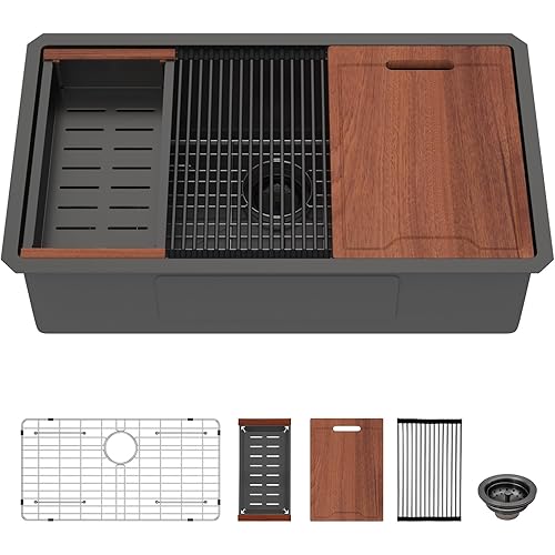 Lordear Matte Black Kitchen Sink 30 Inch Undermount Ledge Workstation T304 16 Gauge Stainless Steel Single Bowl Under Counter Basin with Built-in Accessories 30x19x10 Inch
