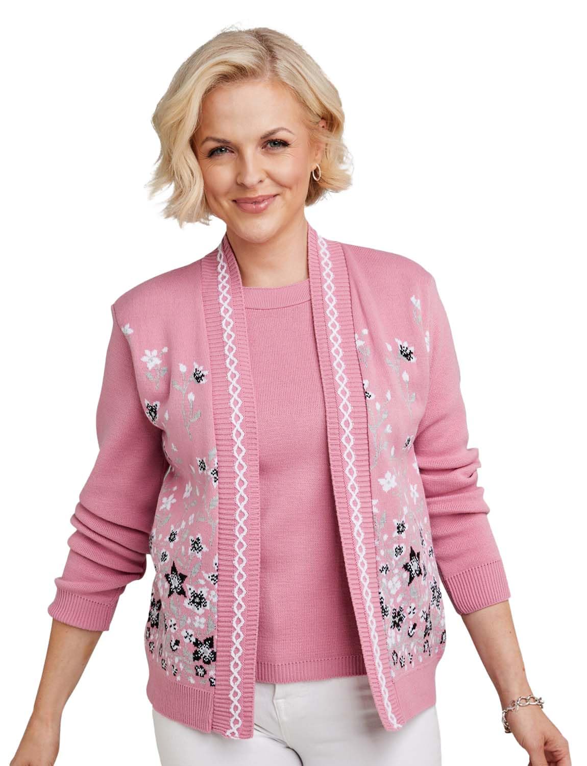 Chums Ladies Floral Jacquard Mock Twin Set Cardigan with Elegant Edge Trim Detail, Comfortable Stretch Fit Soft Pink 20-22