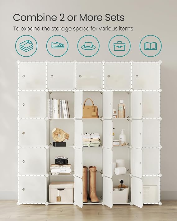 SONGMICS 16-Cube Storage Unit, Shoe Rack, Stackable Cubes, Plastic Closet Cabinet, Wardrobe, with Doors, for Bedroom, Office, Easy to Assemble, Cream White LPC443W01