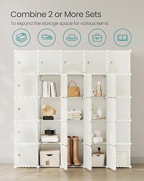 SONGMICS 16-Cube Storage Unit, Shoe Rack, Stackable Cubes, Plastic Closet Cabinet, Wardrobe, with Doors, for Bedroom, Office, Easy to Assemble, Cream White LPC443W01