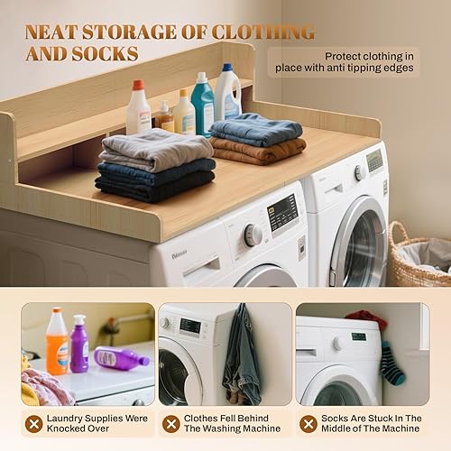 Miniatura 4 de GCCSJ Encimera de lavadora y secadora unida de 2 niveles, 54 pulgadas de ancho x 27.5 pulgadas de profundidad, cubierta de estante de madera con