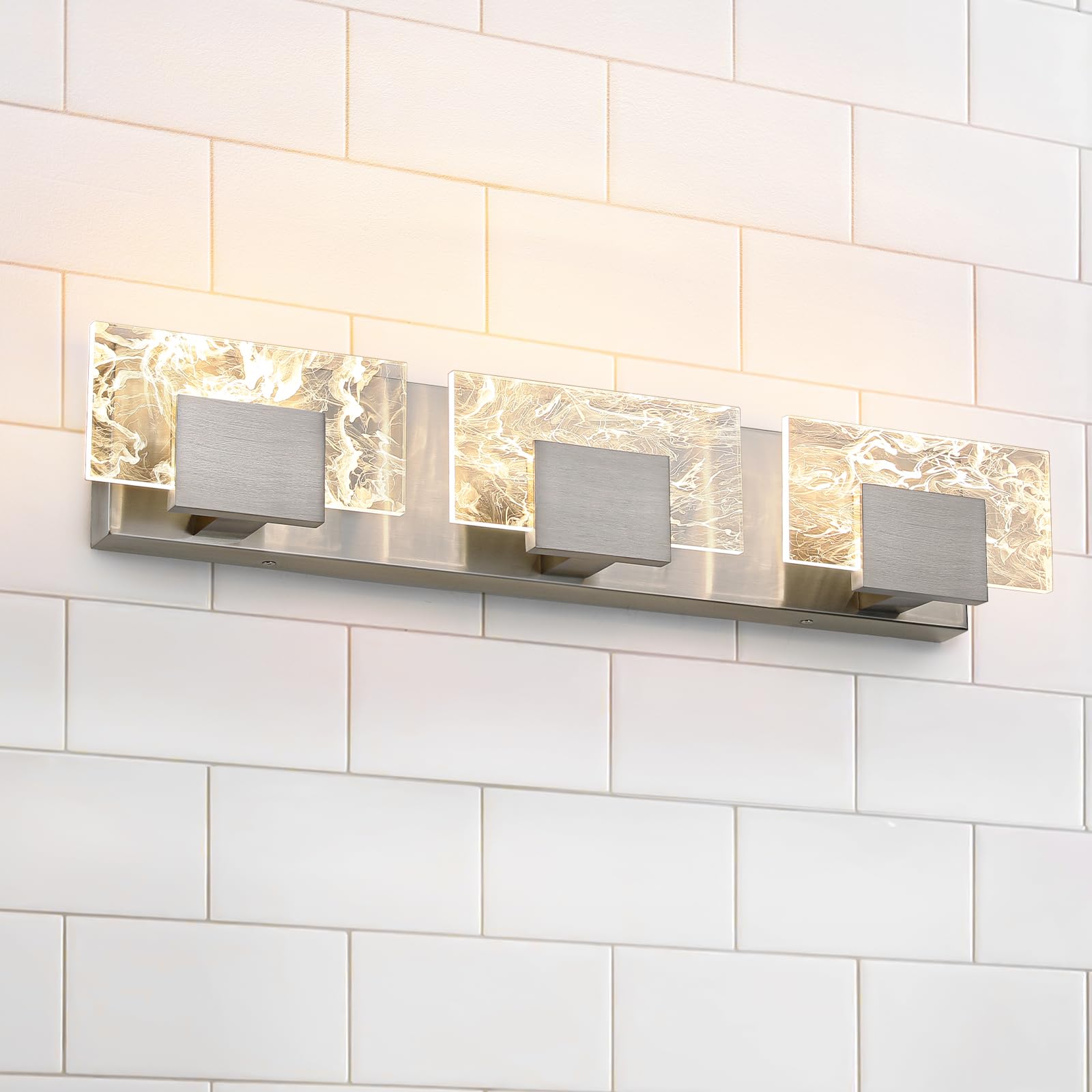 LED Bathroom Vanity Light: 24 Inch Brushed Nickel Acrylic Modern Lighting Fixtures - 3-Lights Contemporary Smoke Design Wall Lights Fixture Over Mirror 3000K
