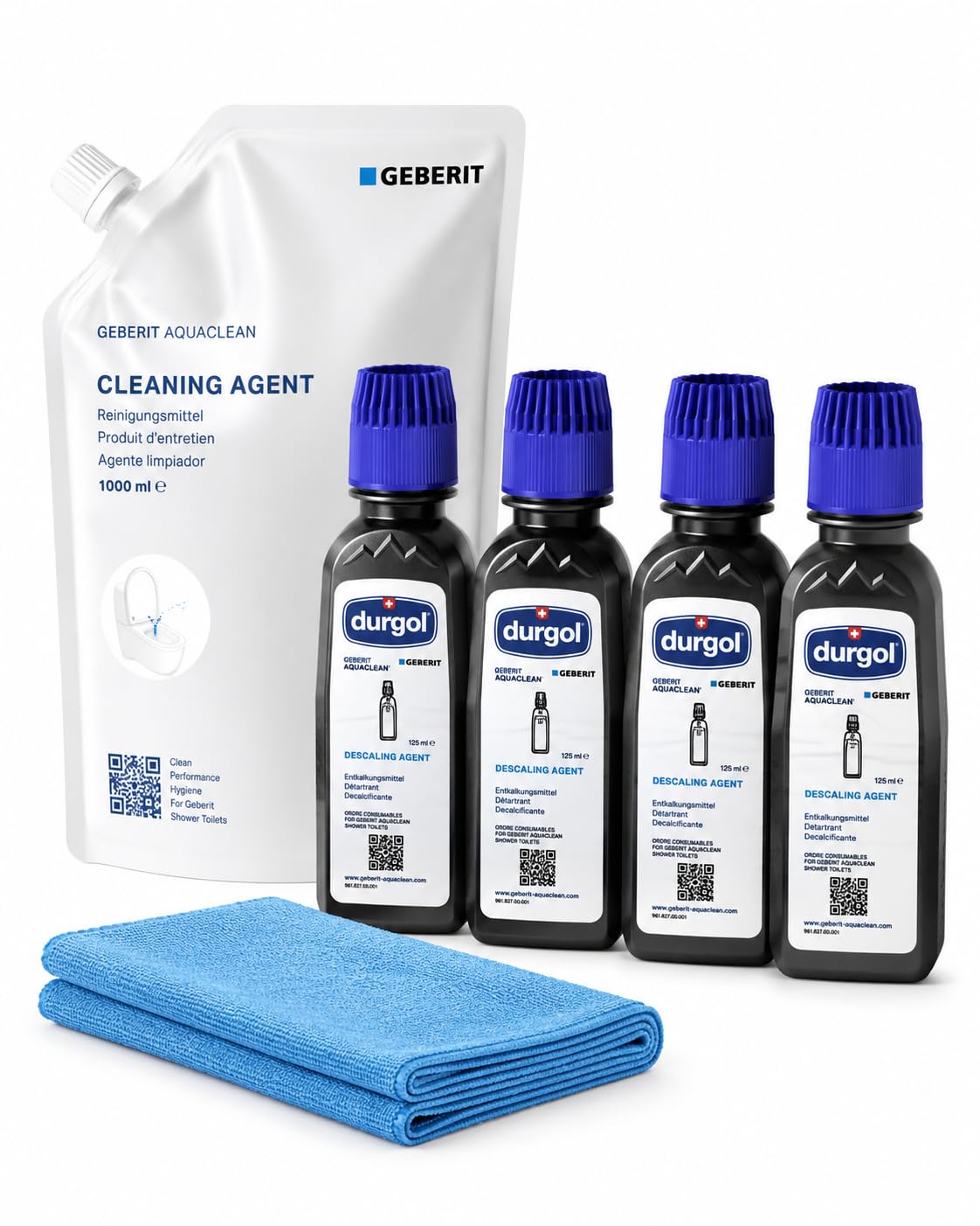 AquaClean Pflege-Set – Reinigungsmittel 1000 ml (Nachfüllbeutel) + Entkalker 4× + Mikrofasertuch 40×40 cm Blau, kompatibel mit Geberit AquaClean Dusch-WCs
