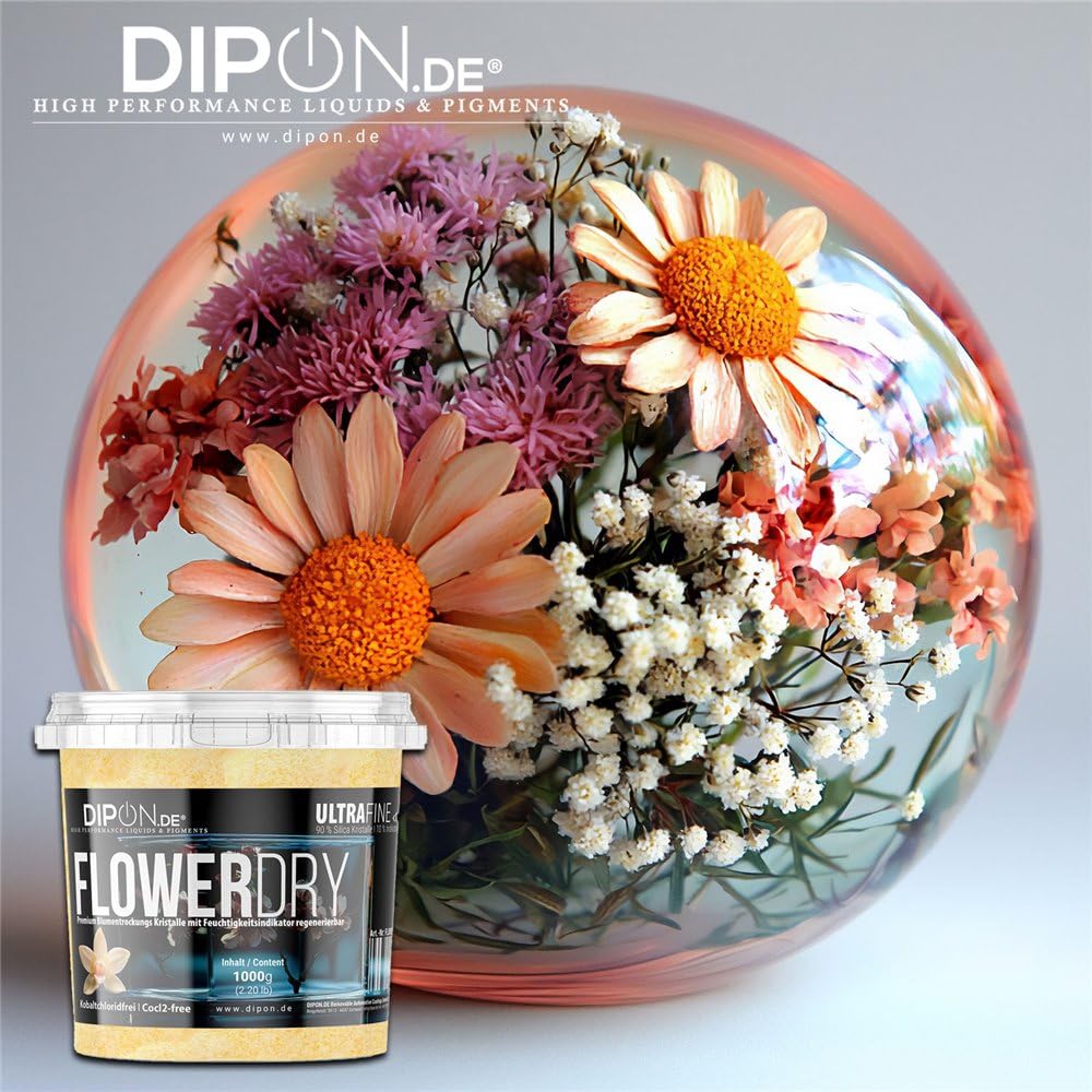 FlowerDry Ultra Fine mit Feuchte Indikator Blumentrocknung Kieselgel zum Trocknen von Blumen, Feinen Kristallen, Trockenmittel, Wiederverwendbares Blumenschutzmittel (5 kg (5 x 1 kg) Tüte)