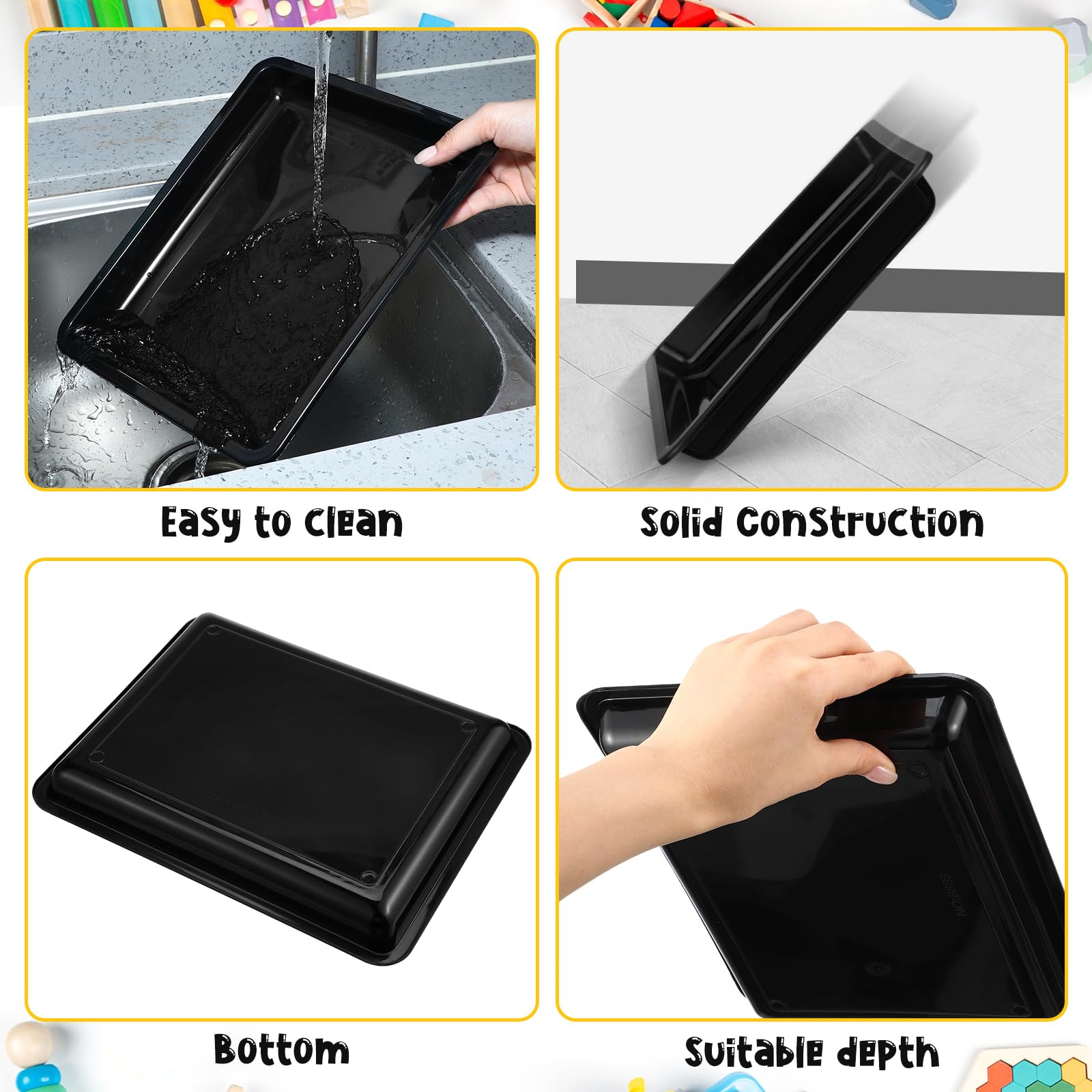 24 Pcs Activity Plastic Art Trays and Craft Tray 11 x 8.66 x 0.98 Inch Flat Storage Tray Serving Organizer Tray Stackable Bin for Painting Beads Office School DIY Projeects (Black)