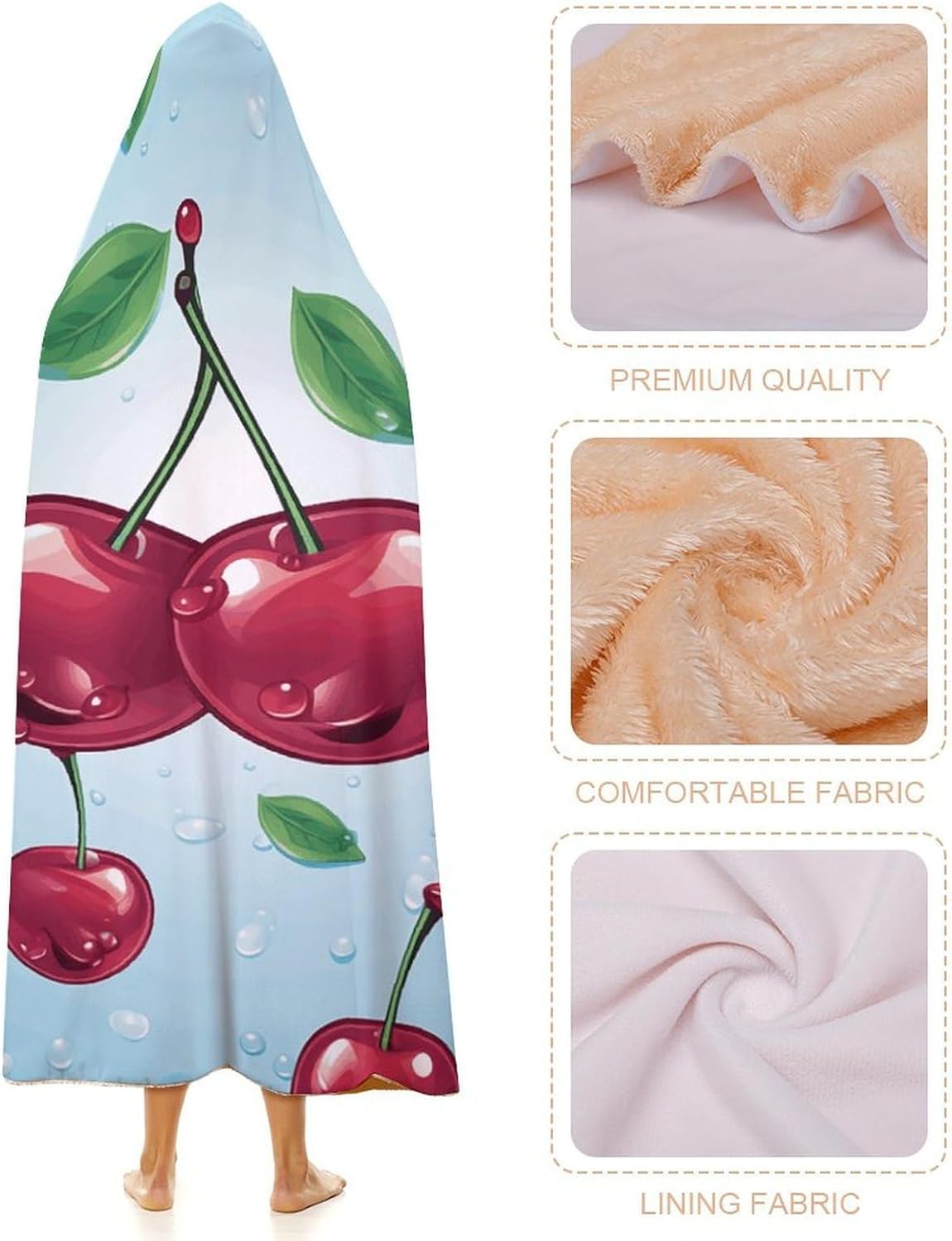 Cherry Wearable Hooded Blanket, Ultra Soft Arctic Velvet Cape Cloak Unisex - Cozy Wearable Blanket