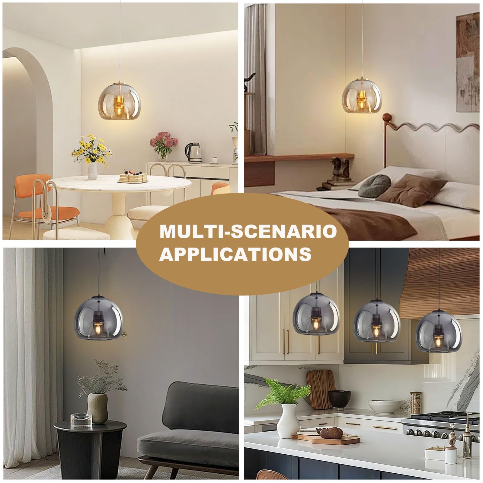 Lustre moderne en verre gris fumé/ambre, luminaires de 9 pouces en fer Art Pedant, éclairage suspendu réglable en hauteur pour chambre à coucher, cuisine, îlot, salle à manger, salon, salle d'expositi