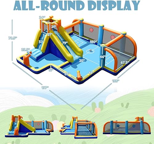 Vista 34 de HONEY JOY Tobogán acuático inflable, parque acuático gigante con porterías de fútbol para exteriores, piscina, escalada, toboganes acuáticos