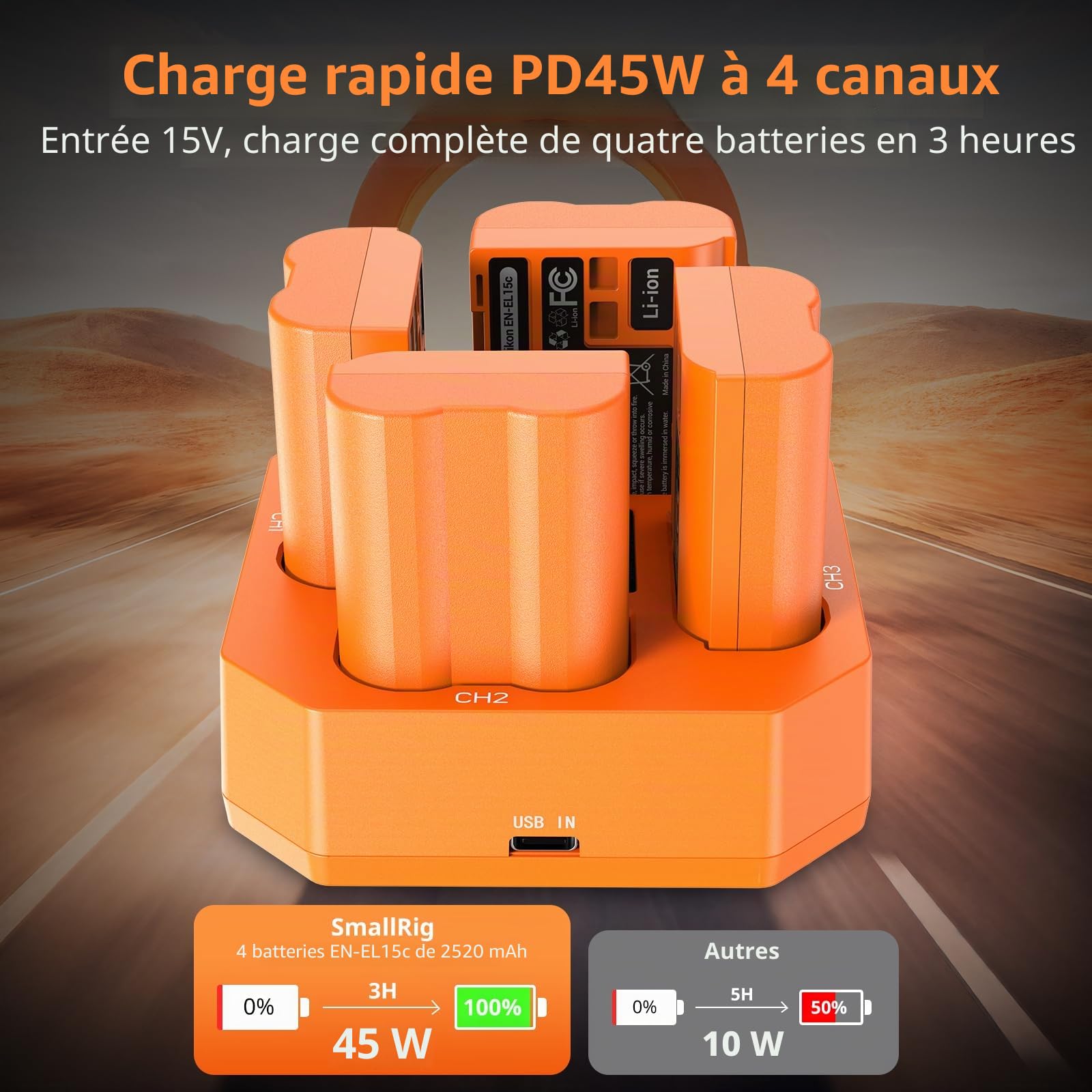 SMALLRIG EN-EL15c Chargeur de Batterie à 4 Canaux pour Nikon, Charge Rapide PD45W (3 h), Indicateur LED, Batteries pour Nikon ZR, Z6III, ZF, Z8, Z7II, Z7, Z6II, D850, D810, D780, D750, D500, D7500
