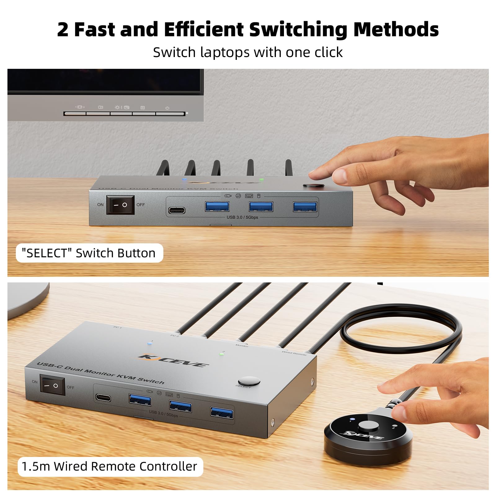KCEVE Switch KVM 2 Monitor 2 Laptop USB C, Switch KVM Dual Monitor HDMI 4K@60Hz per 2 Laptop Condividi 4 dispositivi USB 3.0 con PD da 80W, con 2 cavi USB-C e telecomando cablato