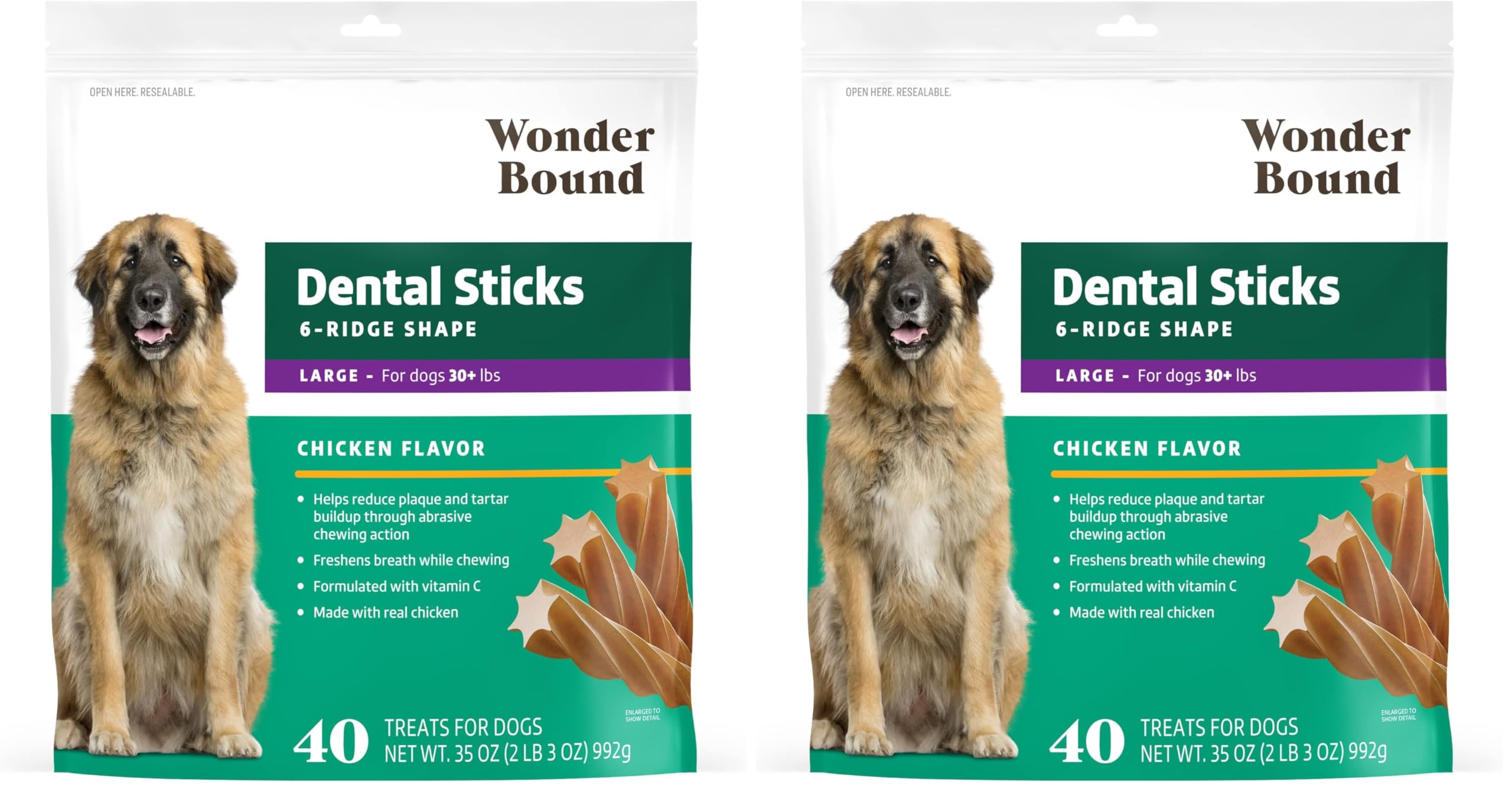 Wonder Bound Chicken Dental Sticks for Large Dogs | 40 Count Pack of 2 | Plaque &amp; Tartar Control | 6-Ridge Shape