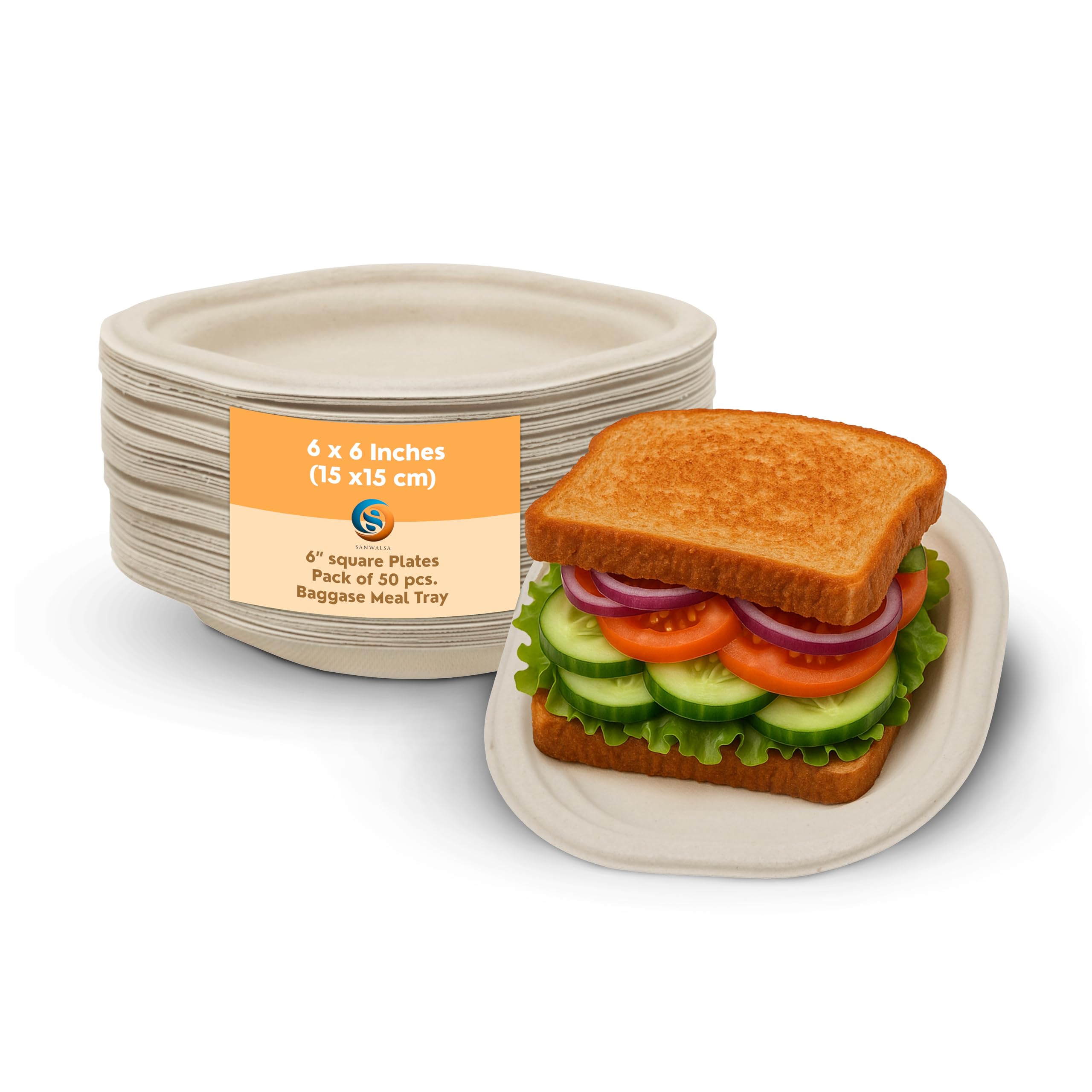 [6 inch, 25 Count, Square, Beige Disposable Bagasse Paper Plates | Eco-Friendly Sugarcane Plates for Wedding, Party, Cafes | Ideal for Both Hot & Cold Food