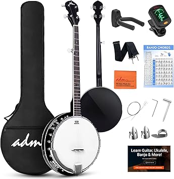 ADM Banjo 5 String Full Size Banjoes Set, 38 Inch Beginner Banjo Kit with Resonator, Remo Drum Head, Open or Closed Back, Gift Package Free Lessons Starter Accessories for Adults Teenager, Black