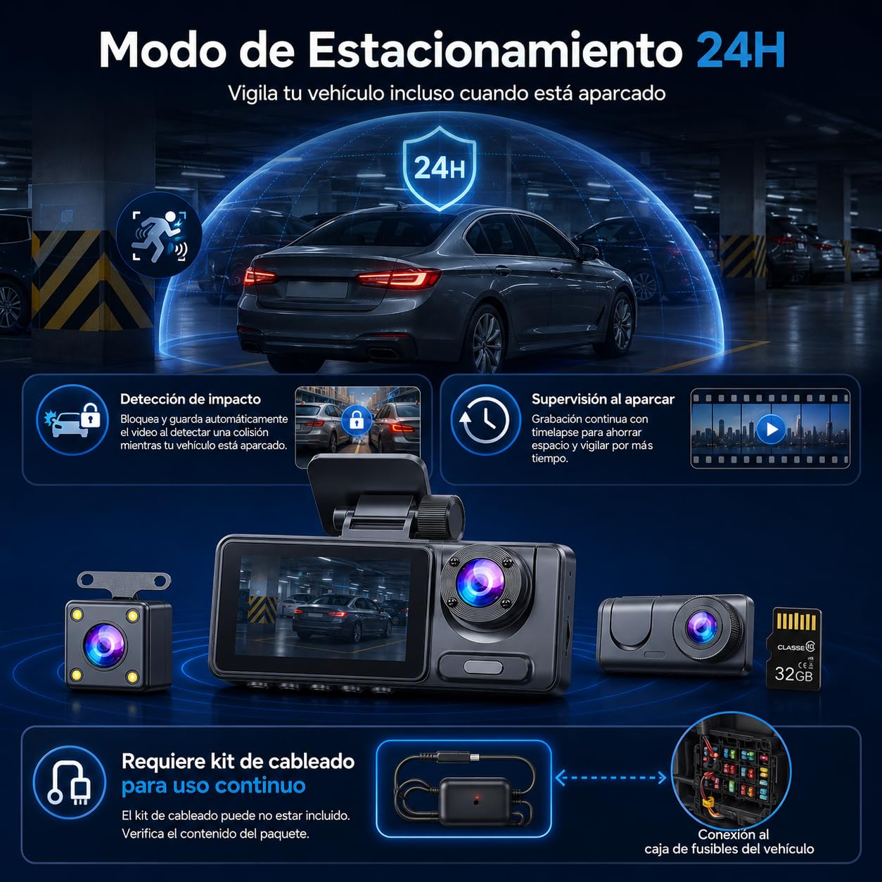 Dashcam 4K para Coche 3 Canales, Cámara Delantera Interior y Trasera con WiFi, Tarjeta 32GB, Pantalla IPS 2.0", Gran Angular, Visión Nocturna, Sensor G, Grabación en Bucle y Modo Parking 24H
