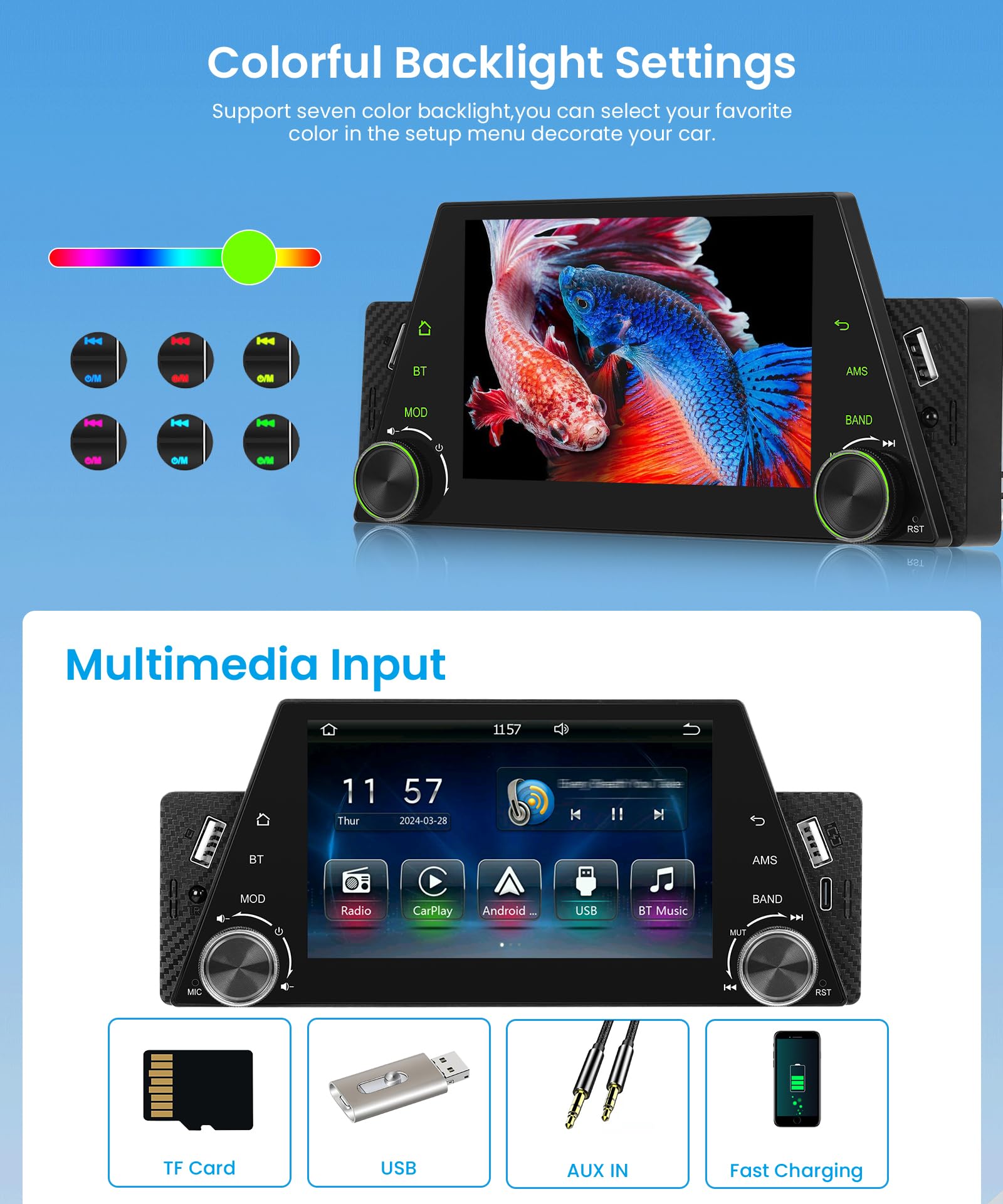 Rimoody 1-DIN Autoradio Mit Wireless Carplay & Android Auto – 5 Zoll IPS Touchscreen, Bluetooth 5.2, FM/AM/RDS, USB/Type-C, Rückfahrkamera, Lenkradsteuerung