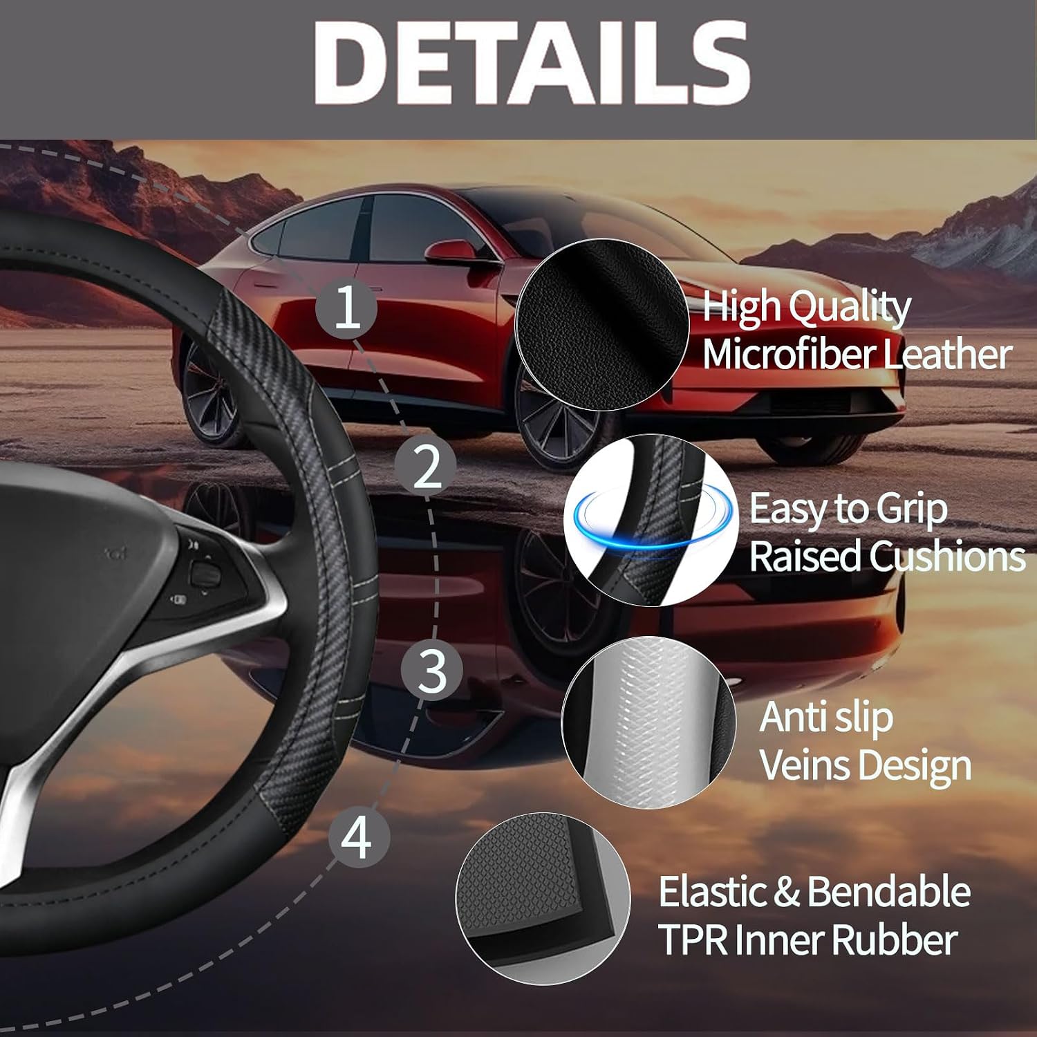 6 PCS Steering Wheel Cover Set for Tesla Model 3/Y 2016-2025 2026, Steering Wheel Cover for Tesla Model 3/Y Accessories, Center Console Cover, Seat Belt Cushion, Cup Coasters, Black Carbon Fiber