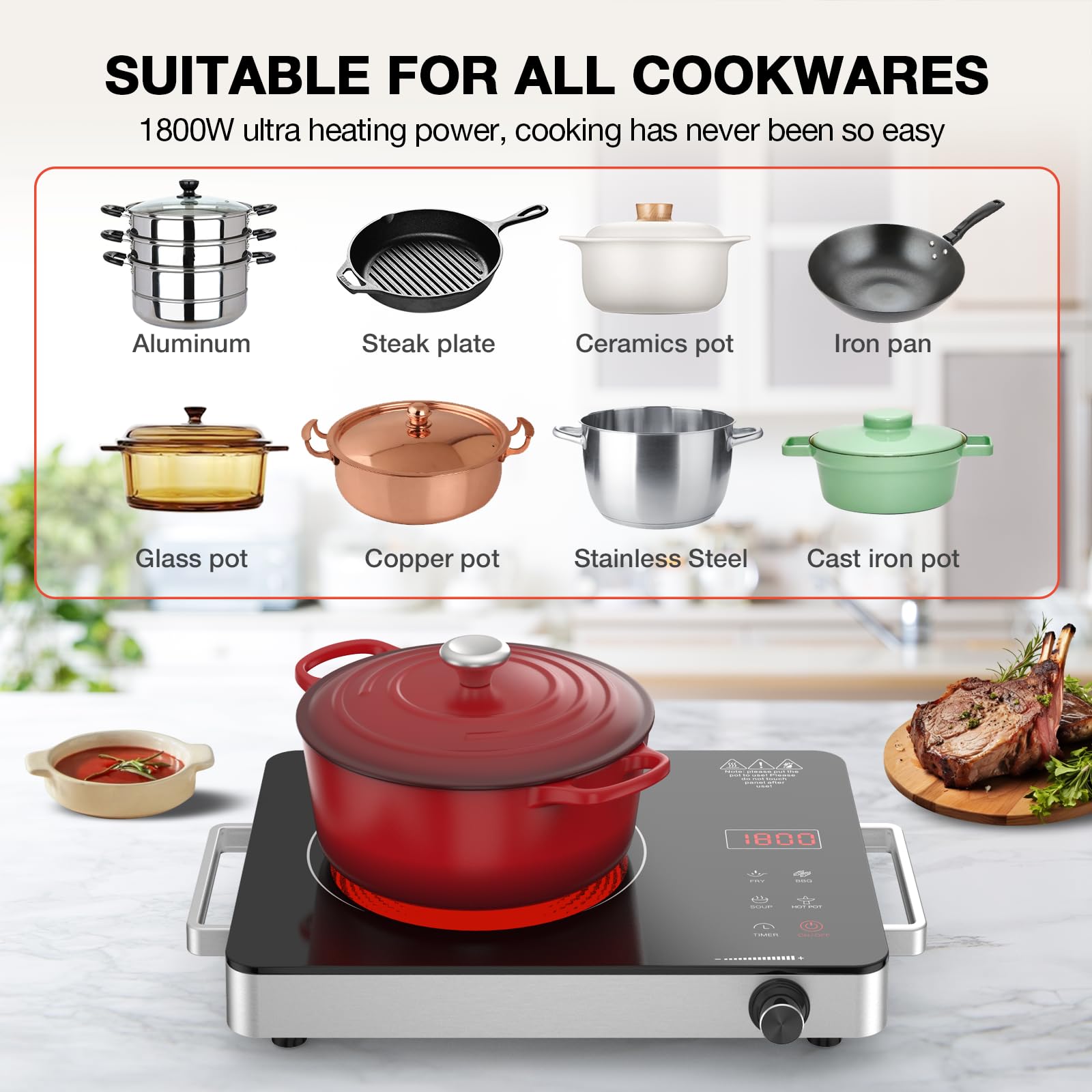 Electric Cooktop, Portable Electric Cooktop 1800W Single Burner Stove 110V with Plug, Hot Plate Countertop, Child Safety Lock, Timer, Infrared Burner,Touch and Knob Control view 5