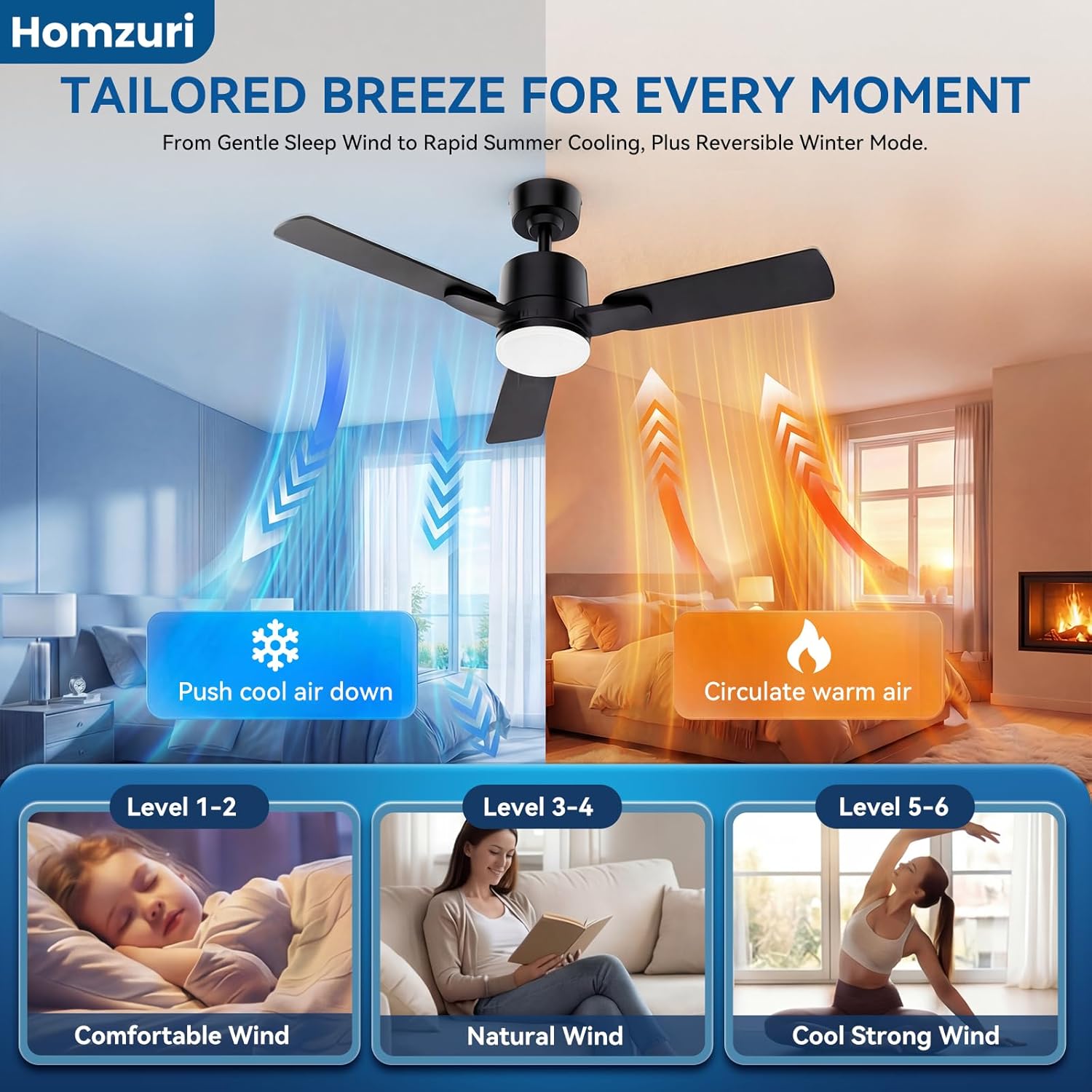 42" Ceiling Fan with Light and Remote, 6 Speed, Reversible Quiet DC Motor, 3CCT & Dimmable, Fast Install, Dual Finish 3 Blades Downrod Ceiling Fan with Lights for Bedroom, Living Room, Apartment