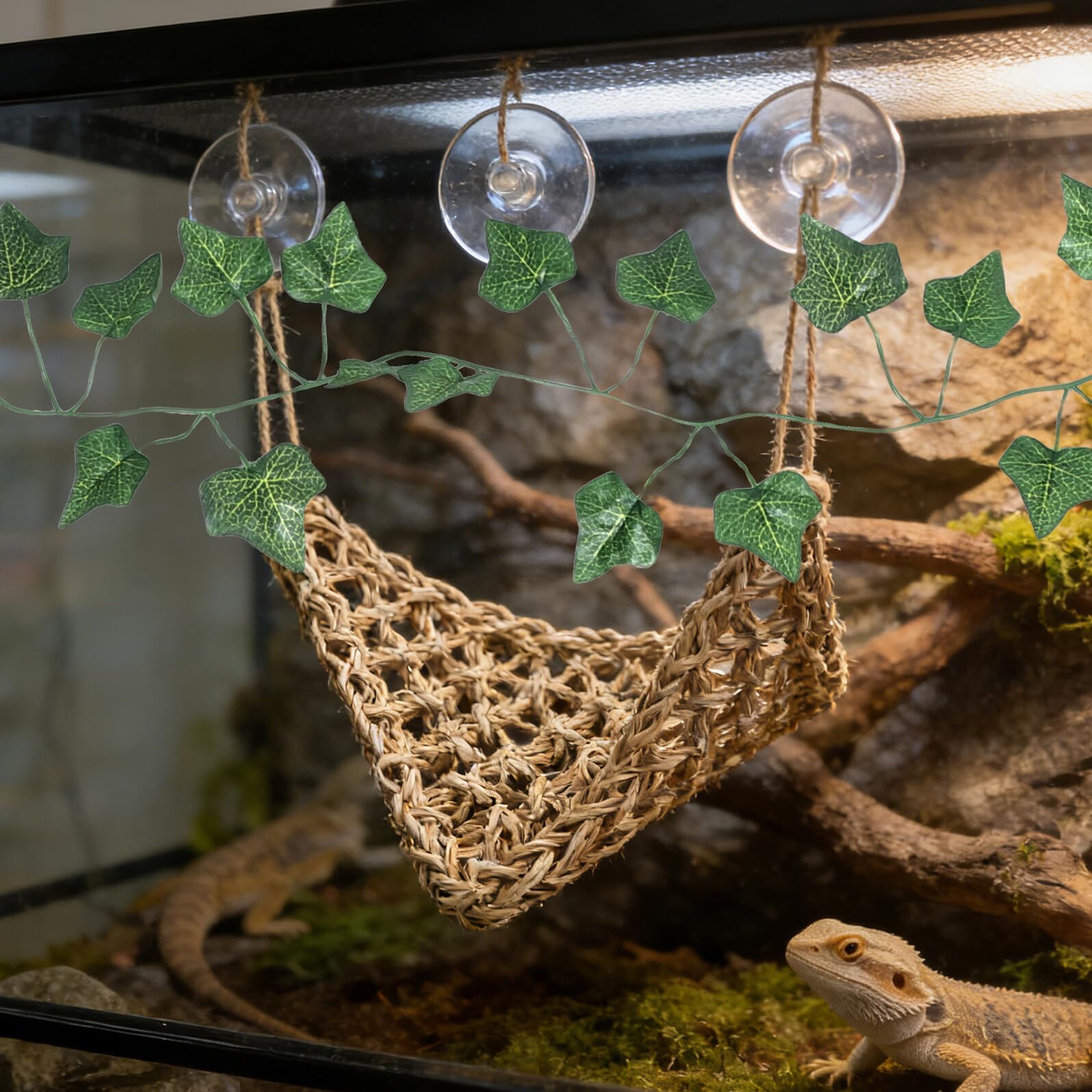 Abaodam Set 4 Pezzi Accessori per Terrario Rettile Ponte in Legno, Amaca e Ponte Sospeso per Arrampicata Serpenti e Lucertole, Decorazioni Piante Finte per Abbellimento e Stimolazione