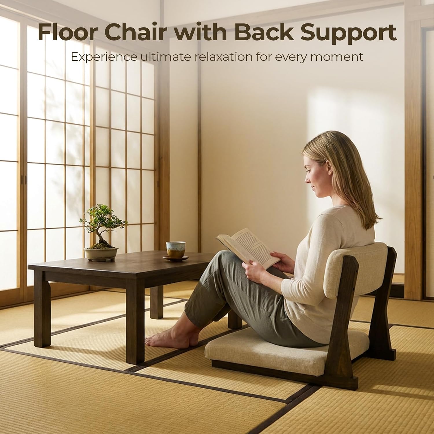 Floor Chair with Back Support, Wood Meditation Chair for Floor Seating image 3
