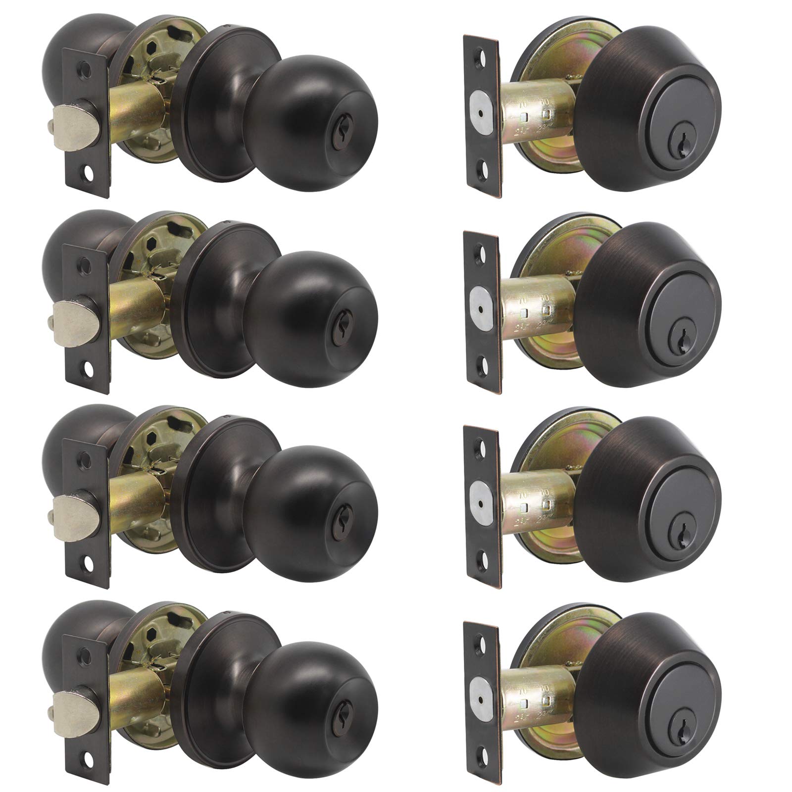 Gobrico Classic Oil Rubbed Bronze Entry Door Knob and Single Cylinder Deadbolt Combo Pack with Same Key for Security Home Entrance and Front Door,4 Pack