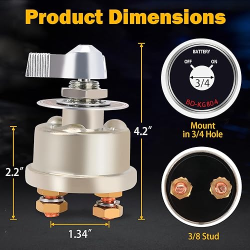 Vista 5 de Interruptor de desconexión de batería principal de 12-48 V, interruptor de aislamiento de corte de batería de alta corriente de 200 A con placa