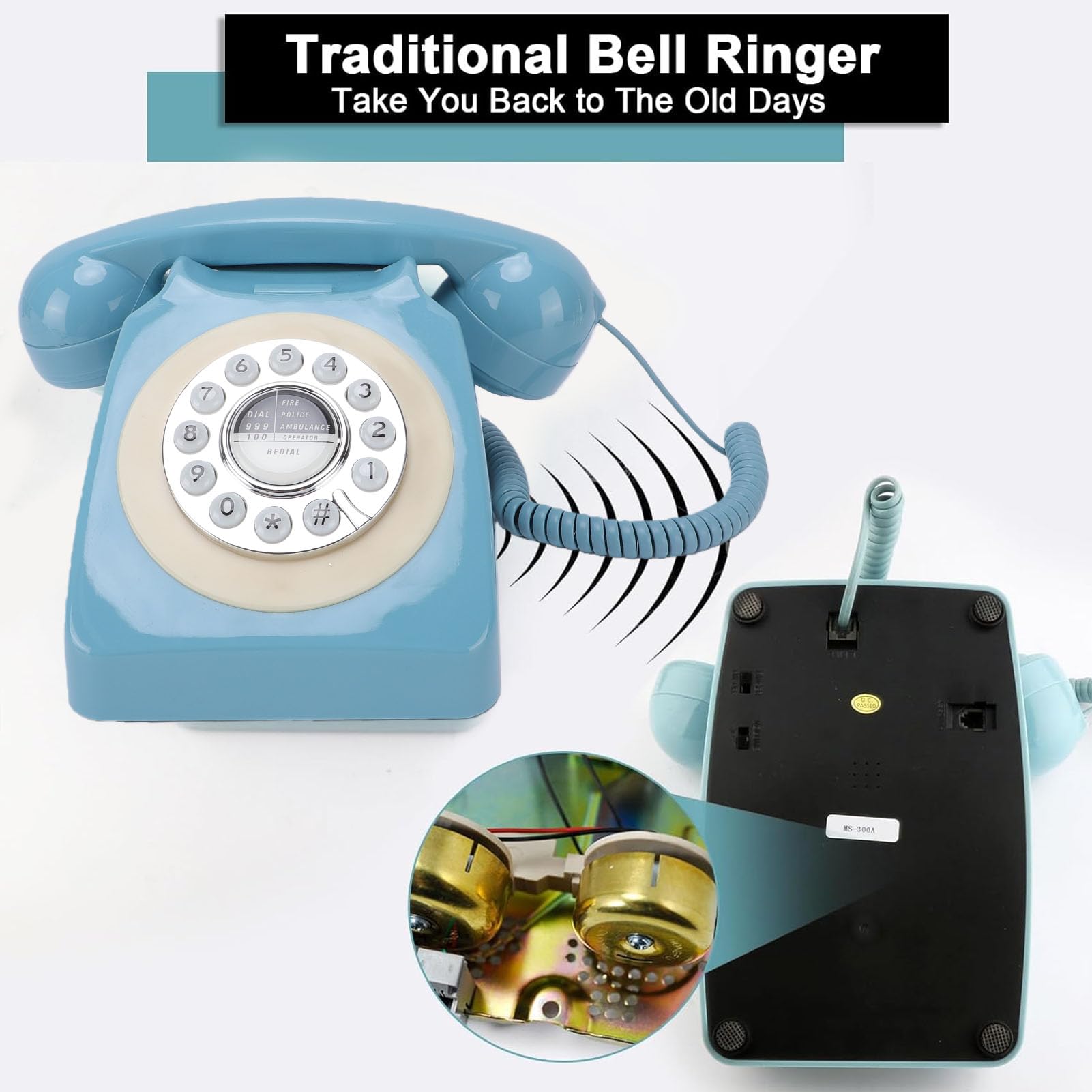 Asixxsix Telefon Stacjonarny w Stylu Retro, Przewodowy Telefon Stacjonarny z Przyciskami Ponownego Wybierania, Zabytkowe, Staromodne Telefony Stacjonarne z Przyciskiem Wybierania do (BLUE)