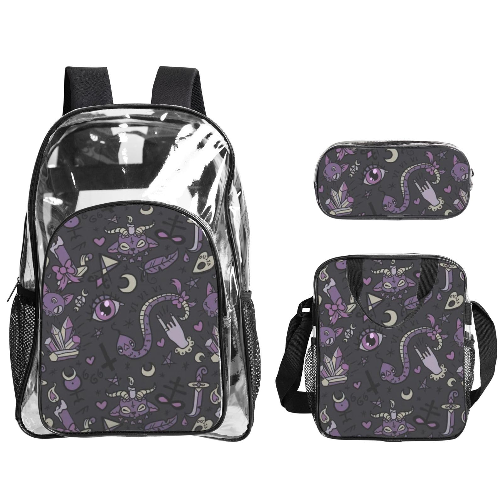 Fioletowy czarny gotycki upiorny nadruk unisex przezroczysty plecak zestaw 3-częściowy przezroczysty lunch piórnik podróżny na zewnątrz