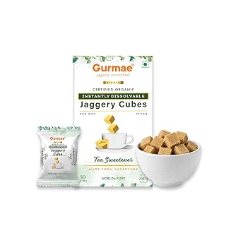 Gurmae Organic ‘Instantly Dissolvable’ Jaggery Cubes for Tea, World’s 1st & Patented, Individually Packed 50 Cubes, Natural Tea Sweetener (Gud), Clean label, Travel Friendly (250 G)