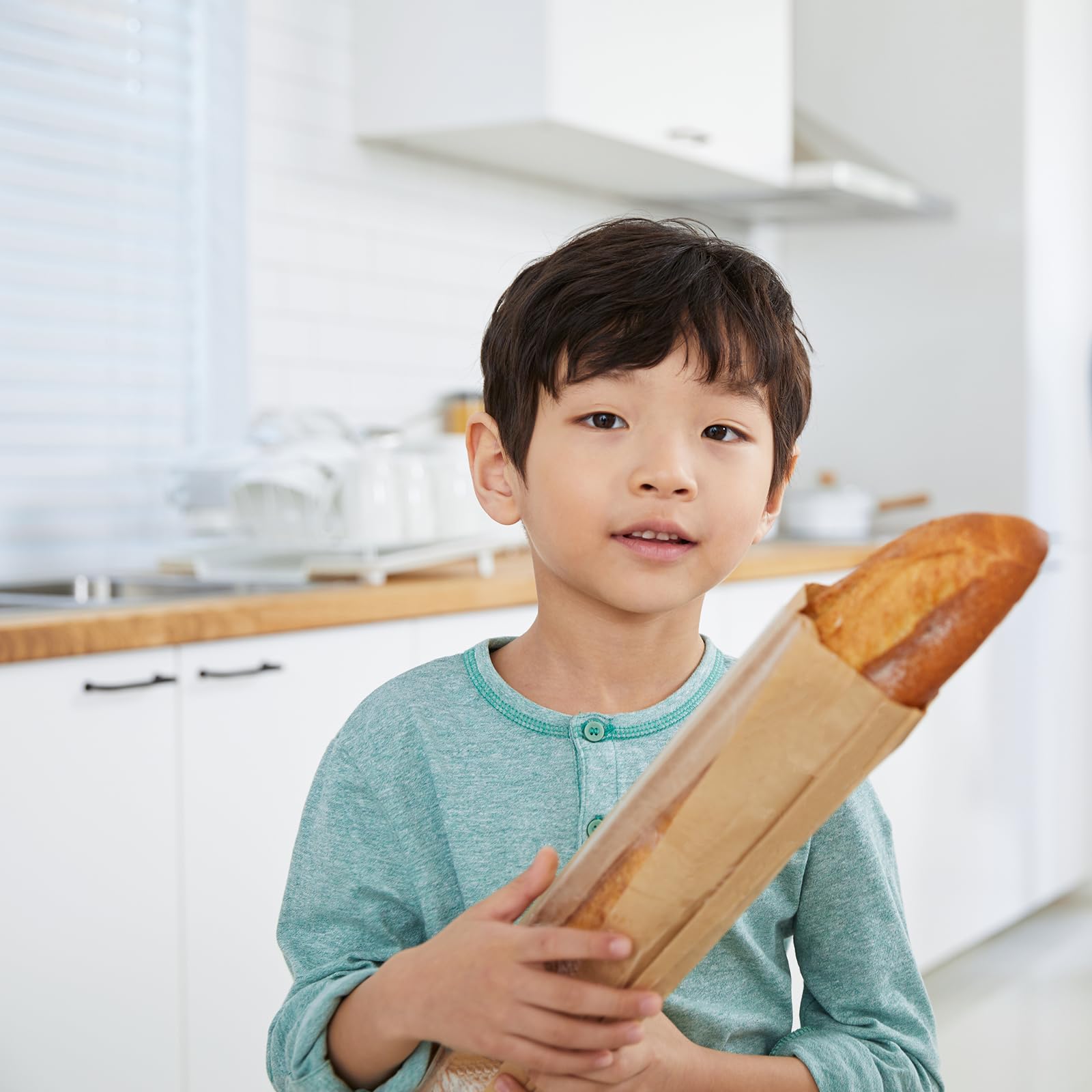 Paquete de 50 bolsas de baguette para pan casero con calcomanías, bolsas de pan de papel kraft reutilizables, bolsas largas de papel de masa madre con ventana frontal transparente