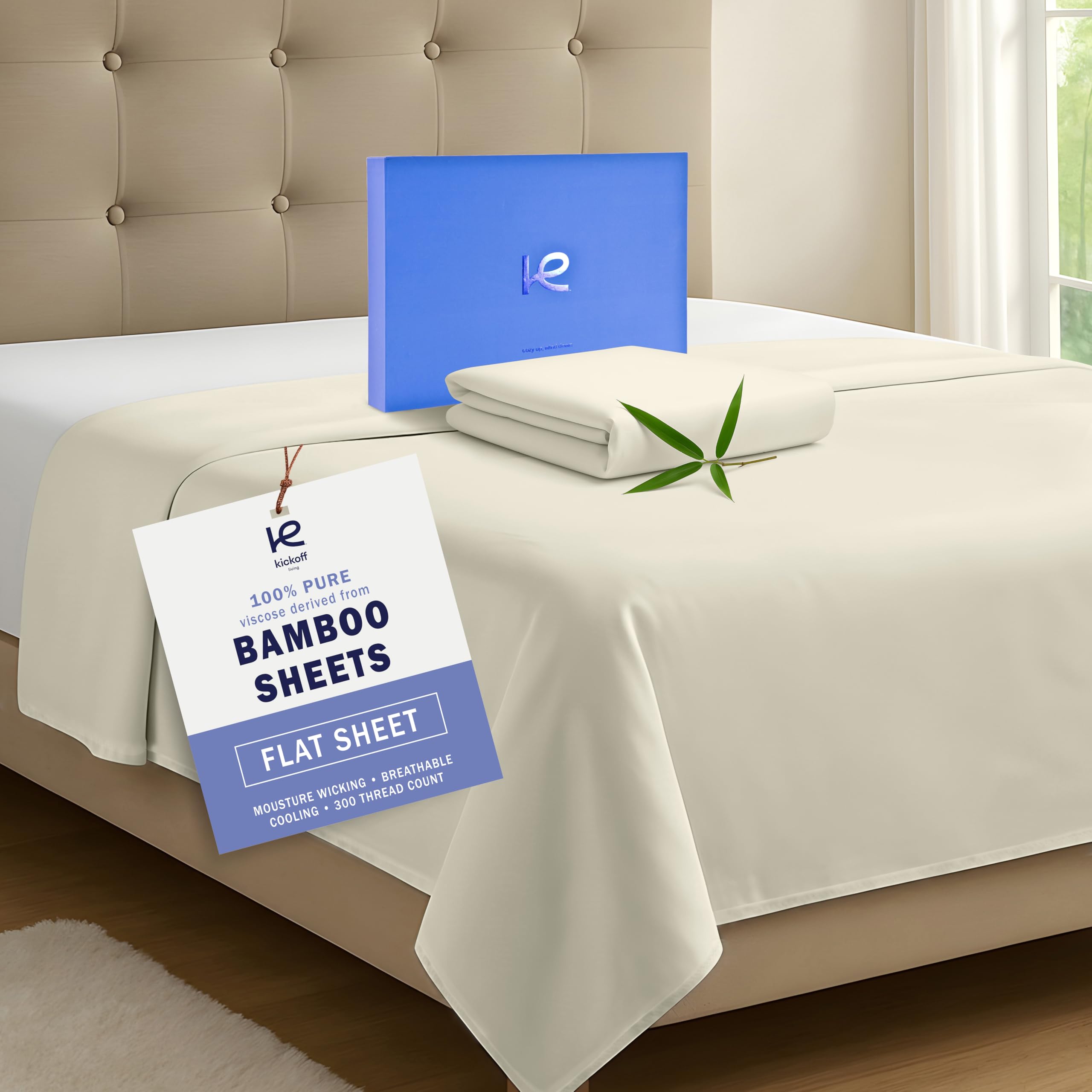 Kickoff Viscose Bamboo Flat Sheet Only, Twin Size, 100% Organic Cool Bed Twin Flat Sheets Only, Extra Wide Top Sheets, Viscose Bamboo Sheet Cooling