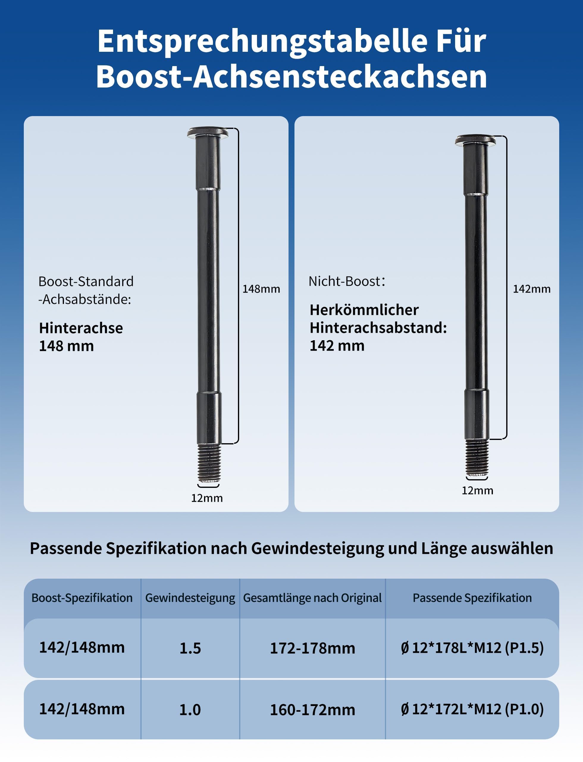 Eje insertable para remolque de bicicleta M12 167-192 mm eje pasante, longitud de eje ajustable, eje pasante compatible con Thule, Qeridoo, Croozer Acoplamientos de remolque de bicicleta - Con tuercas