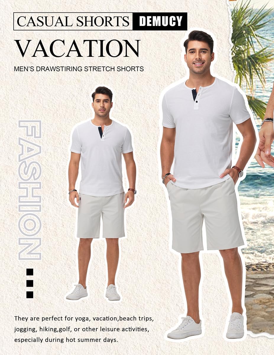 Demucy Mens Casual Shorts Summer Drawstring Twill Chino Short Golf Vacation Jogger Elastic Waist Short with 4 Pockets - Image 2
