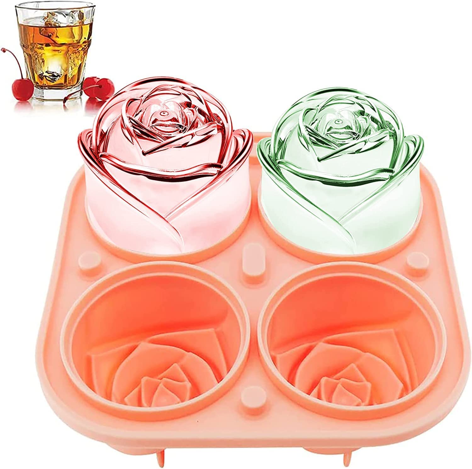 3D Rose Ice Molds Large Ice Cube Trays, Make 4 Giant Cute Flower Shape Ice, Silicone Rubber Fun Big Ice Ball Maker for Cocktails Juice Whiskey Bourbon Freezer, Dishwasher Safe, Multicolor