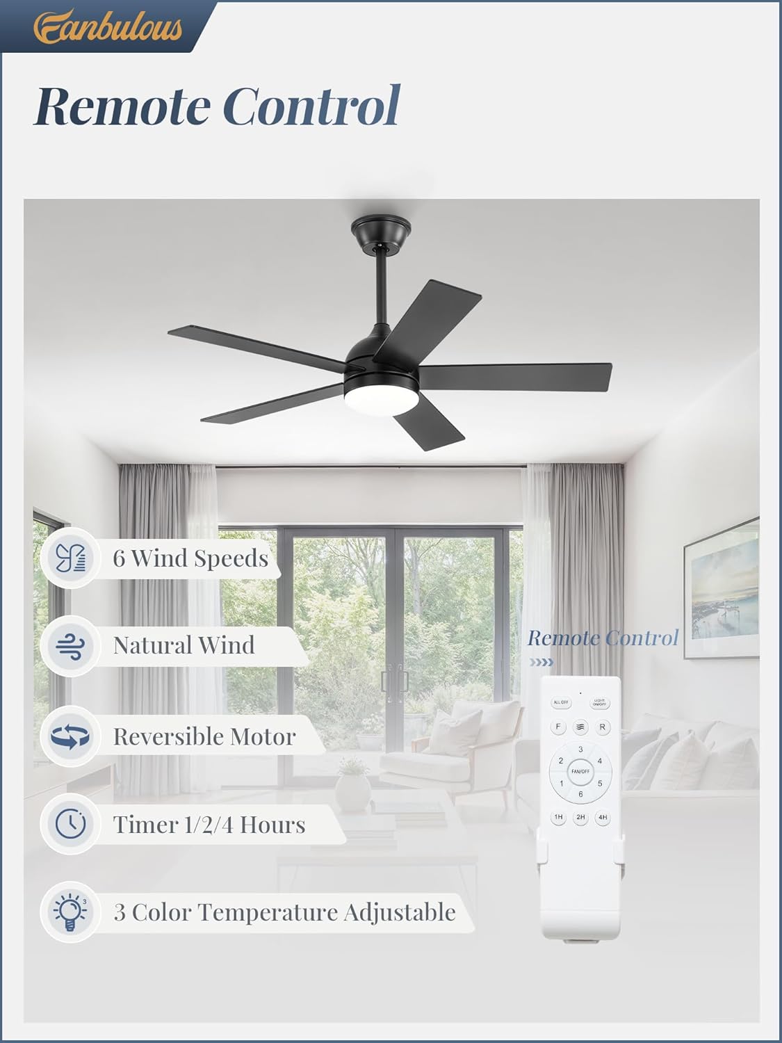 fanbulous 42 inch ceiling fan with light and remote, black ceiling fans with light, 5 dual-color blades, reversible quiet dc motor, 6 speeds, 3cct adjustable led for bedroom living room kitchen patio classic black 42 inch
