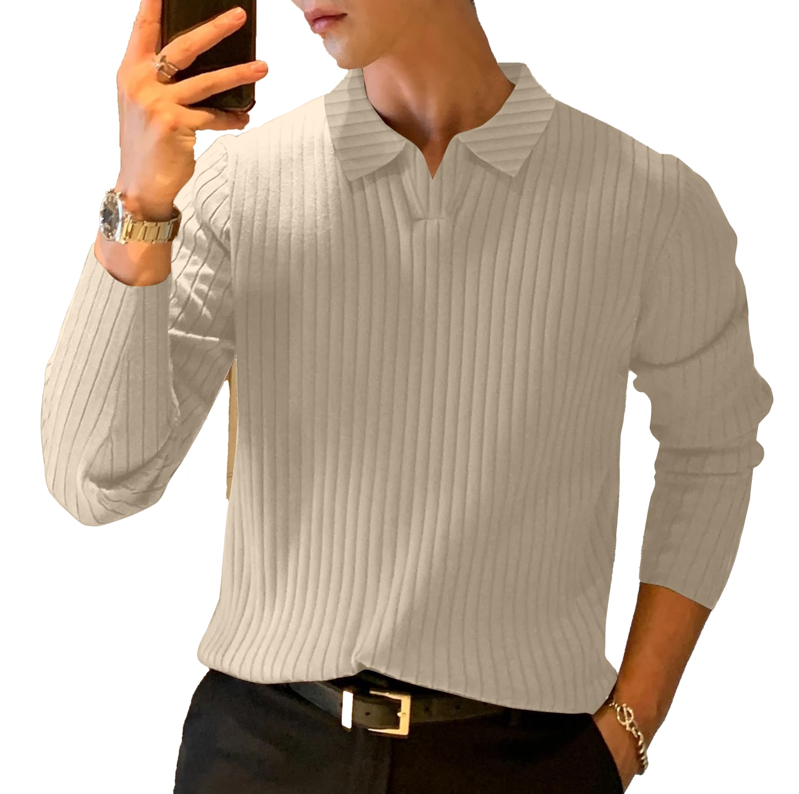 avix Men’s Ribbed Knit Polo Shirt Long Sleeve Collared Neck Slim Fit Solid Pattern Stylish Casual Wear, Comfortable & Breathable Everyday Top-picture-29