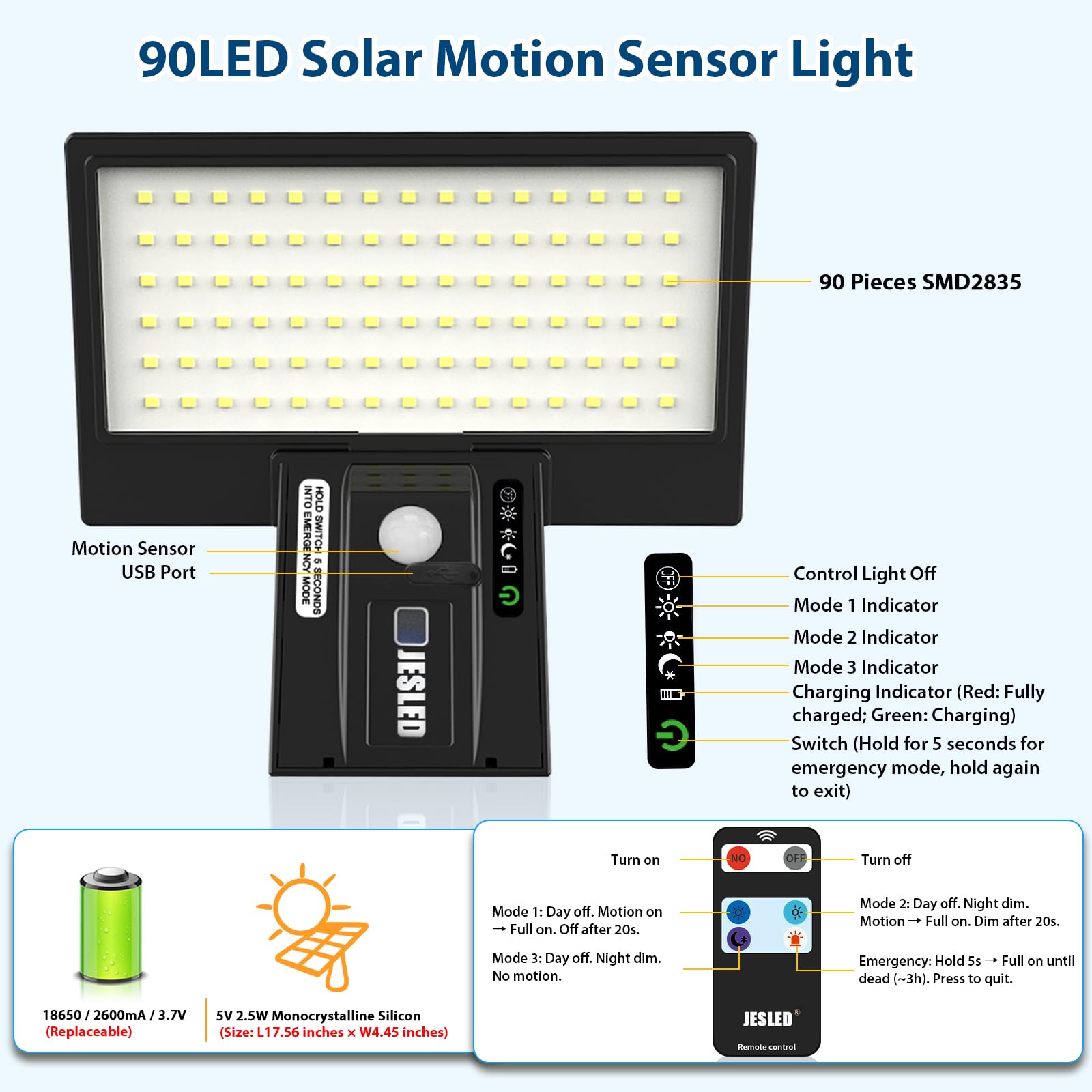 JESLED Odkryty Solar Light, 90 LED Solar i ładowania USB, Mocny Solar Reflektor z czujnikiem ruchu, wodoodporny z 4 Inteligentne tryby ogrodowe, patio, Ścieżka spacerowa, Schody, 2-Pack