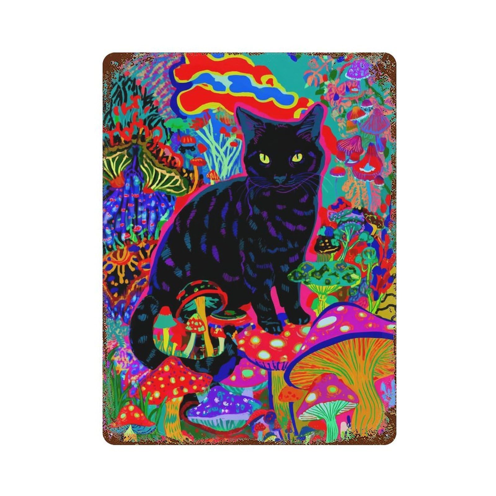 Rustic Tin Plaque with Psychedelic Mushroom Cat Art Print-1 Design 15.7"x11.8", for Cafe, Home Bar And Lounge Decor, Novelty Wall Decor