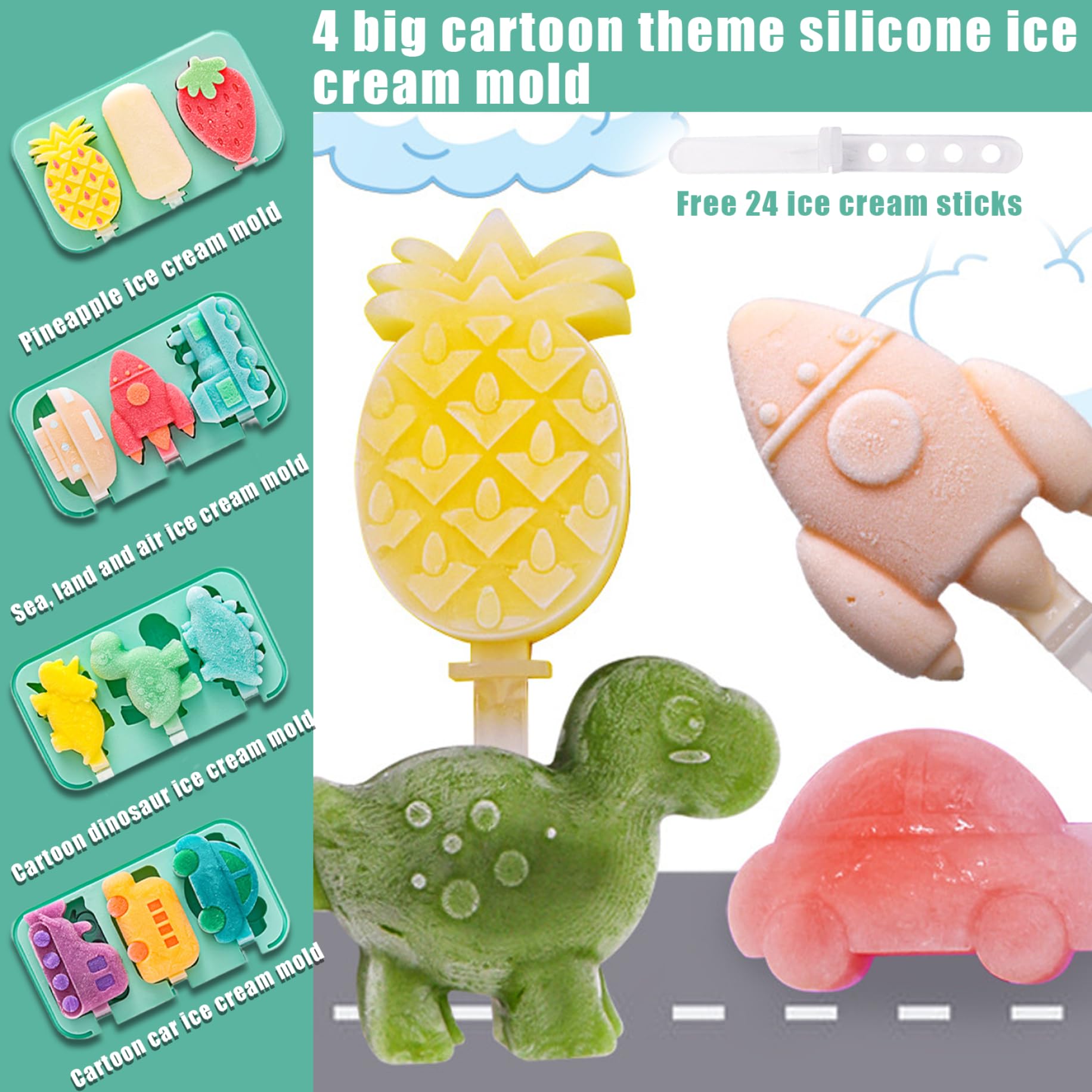4 moldes de silicona para paletas de bebé, 3 cavidades, sin BPA, molde para helado, lindo dinosaurio, frutas, forma de coche, molde para hielo con tapa y 24 palos