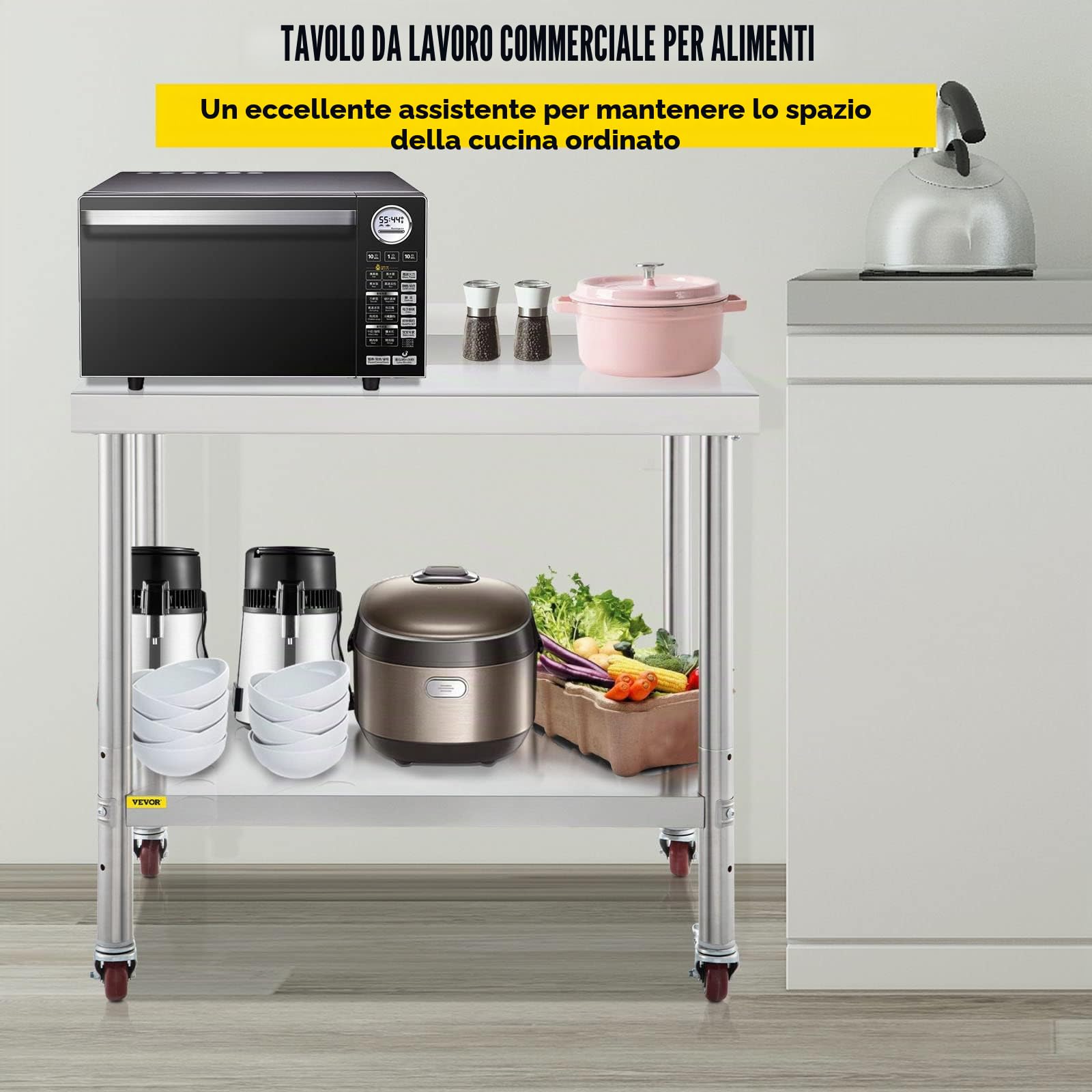 VEVOR Tavolo da Lavoro per Cucina di Preparazione Alimenti in Acciaio Inox 4 Ruote Alzatina 5cm, Piano da Lavoro Ripiano Doppio 91,4x61x89cm con Ruote e Alzatina Capacità Carico 200kg, metallico
