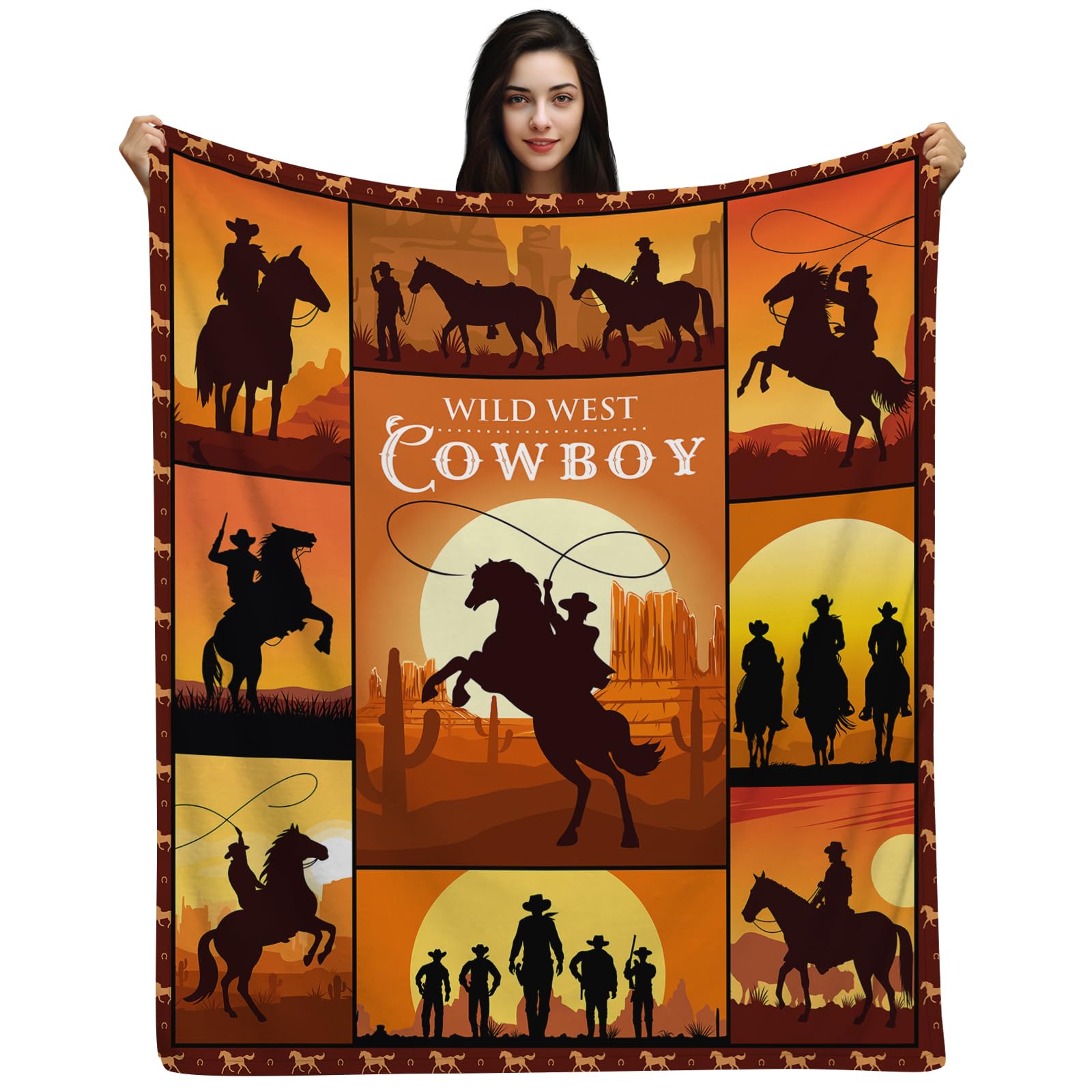 WZOMT Western Cowboy Blanket, Rodeo Cowboys Riding Horses Sunset Blanket, Cool Western Throw Blanket, Cowboy Themed Gifts, Cowboys Gifts for Men Women Kids, Soft Fan Gifts,50