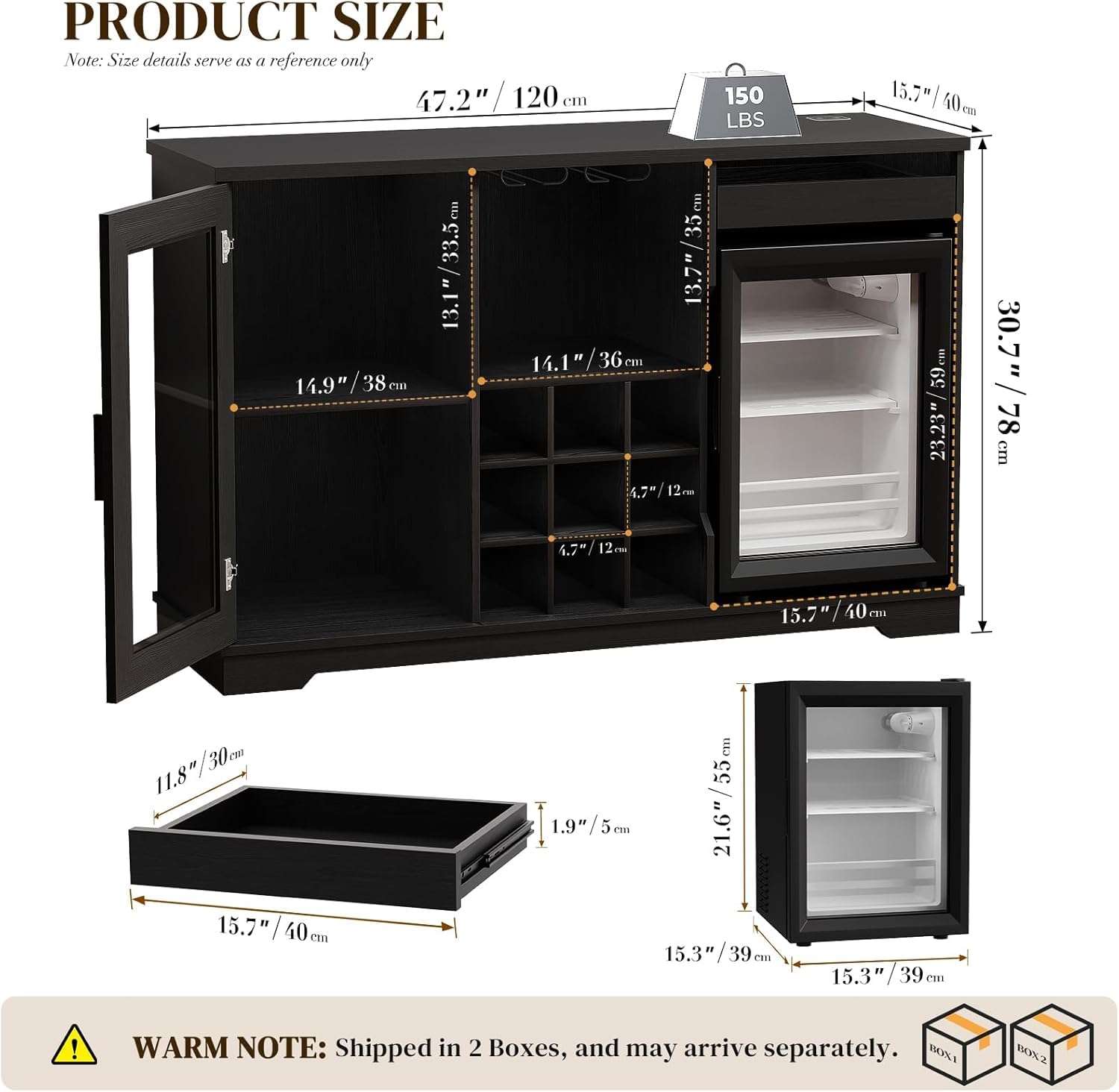 BROTTAR Meuble Bar à café avec réfrigérateur (Inclus), Grand Bar à Alcool avec lumières LED, Porte-Verres et casier à vin, Meuble à vin avec détecteur de présence, Buffet Enfilade pour la maiso