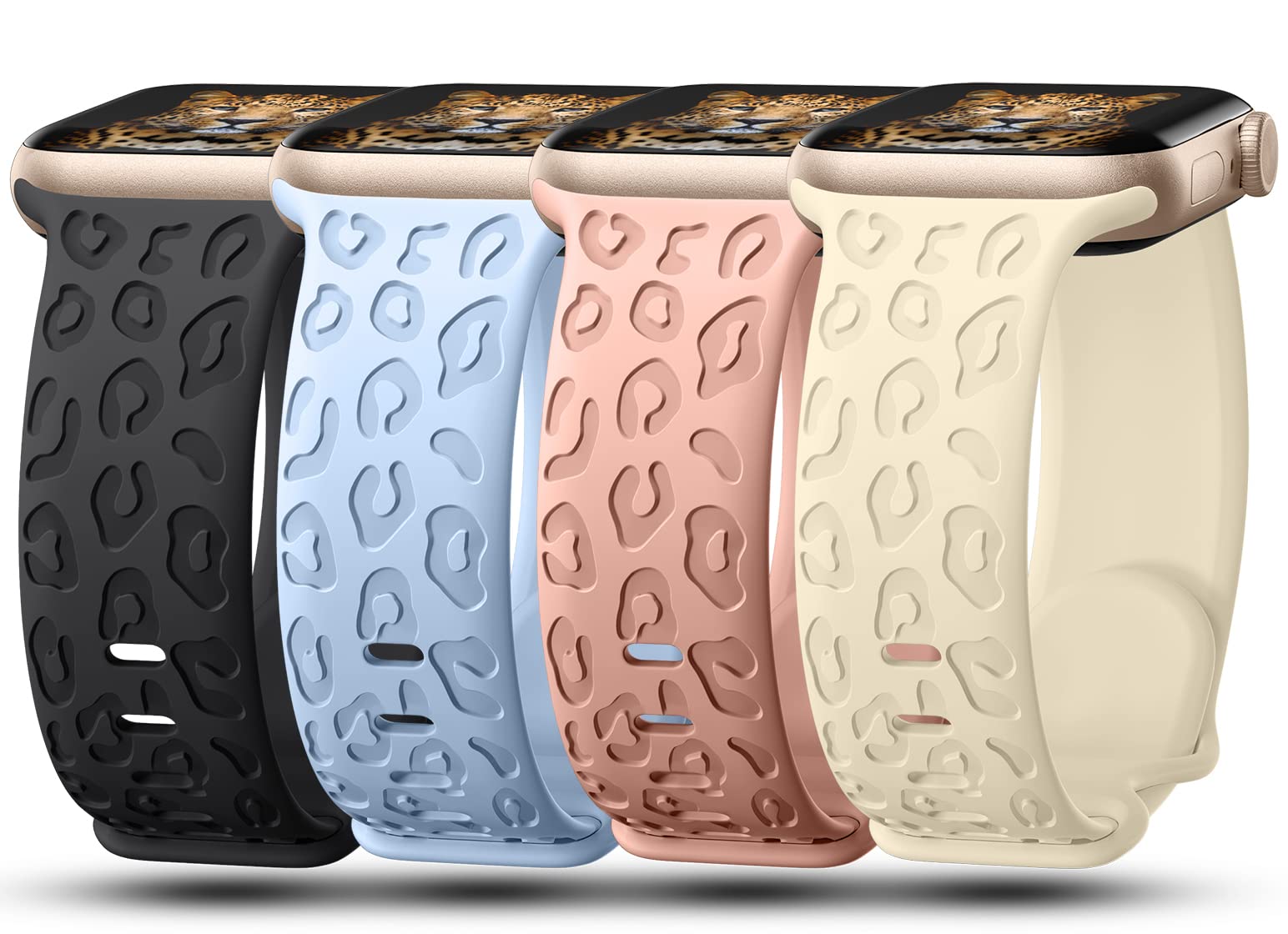 4Pack Leopard Engraved Bands Compatible with Apple Watch Band for women 40mm 41mm 42mm 38mm 44mm 45mm 46mm 49mm, Soft Silicone Cheetah Sport Strap for