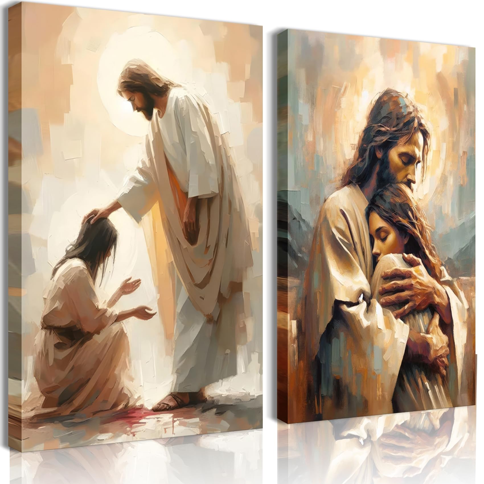 2Pcs Christian Wall Art Jesus Hug Woman Wall Decor Safe Haven Poster Canvas Print Christian Spiritual Painting Bible Art Picture Jesus and Girl Mural